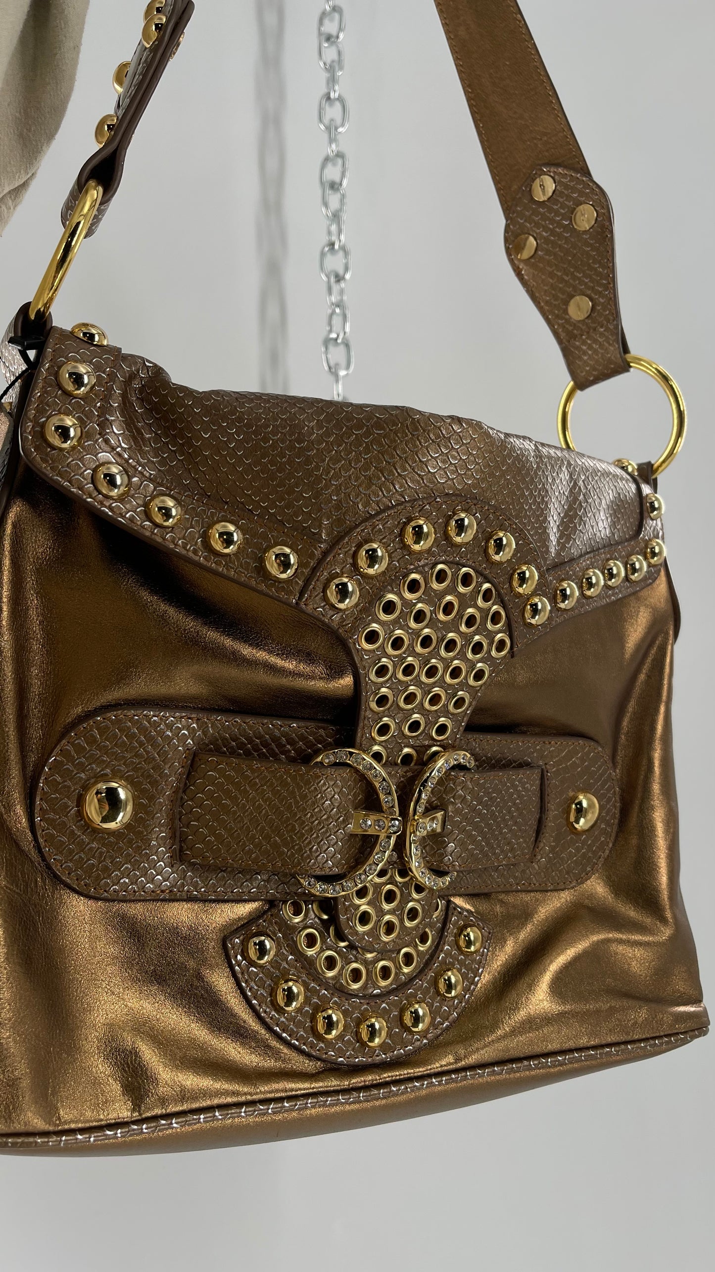 Deadstock Vintage The Find Grandeur Bronze Bag with Grommets, Gemstones, Studs and Exaggerated Buckle