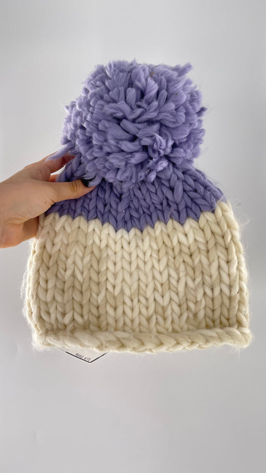 Free People White Knit Beanie with Lilac/Lavender Pom