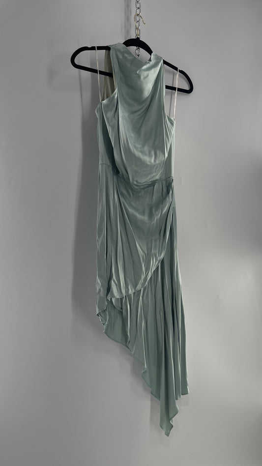 Elliatt Silver/Seafoam Blue Silky Slinky Abstract Tiered and Draped MIDI Gown (2?)