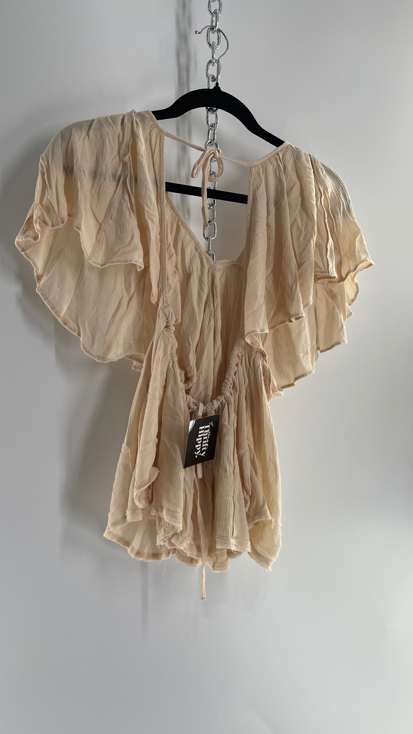 Free People Beige Open Back Drape Sleeve Blouse (XS)
