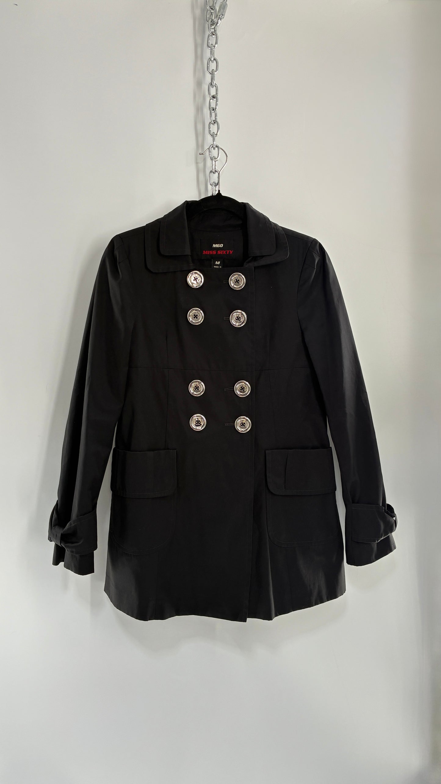 Vintage MISS SIXTY Black Jacket with Oversized Silver Buttons (Medium)
