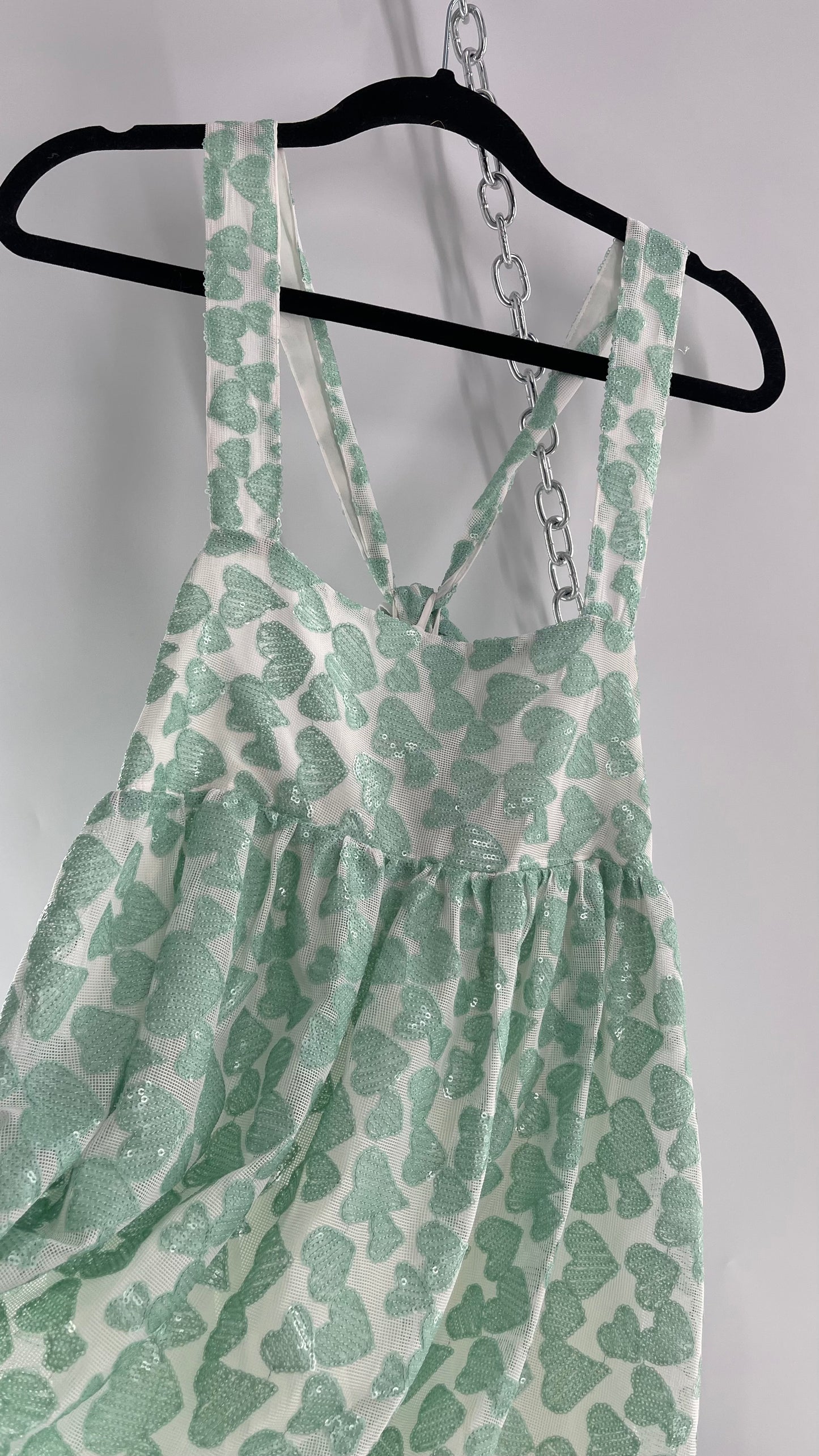 Kimchi Blue Babydoll Dress Covered in Sequin Teal/Mint Hearts (Medium)