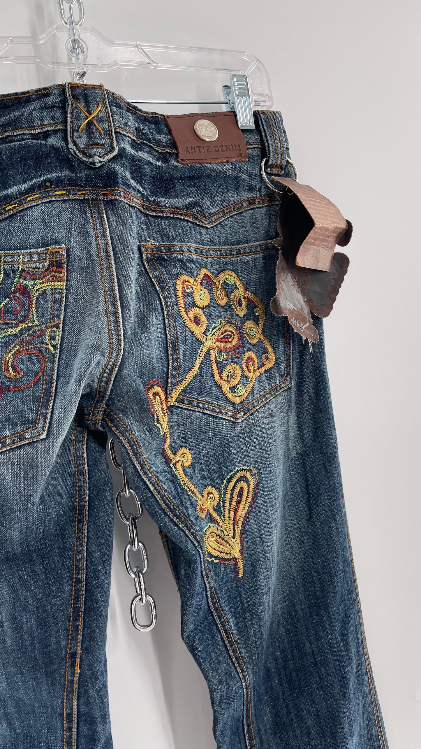 Vintage RARE Antik Denim Kick Flares with Embroidered Flower Design and Contrast Stitching (28)