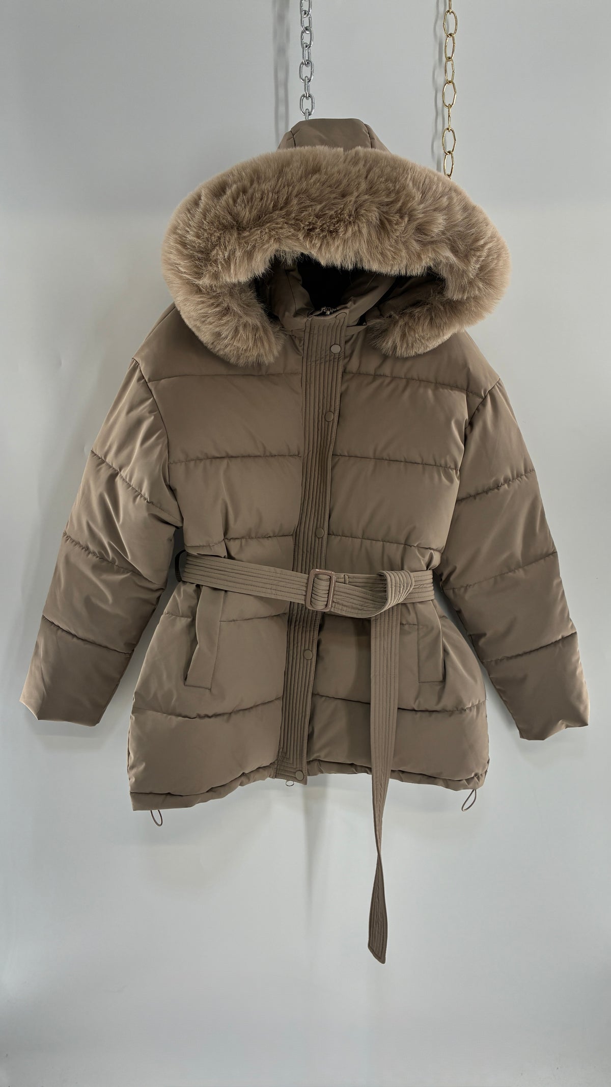 KATCH ME Taupe NWOT Bubble Coat with Exaggerated Vegan Fur Lined Hood NWOT (XL)