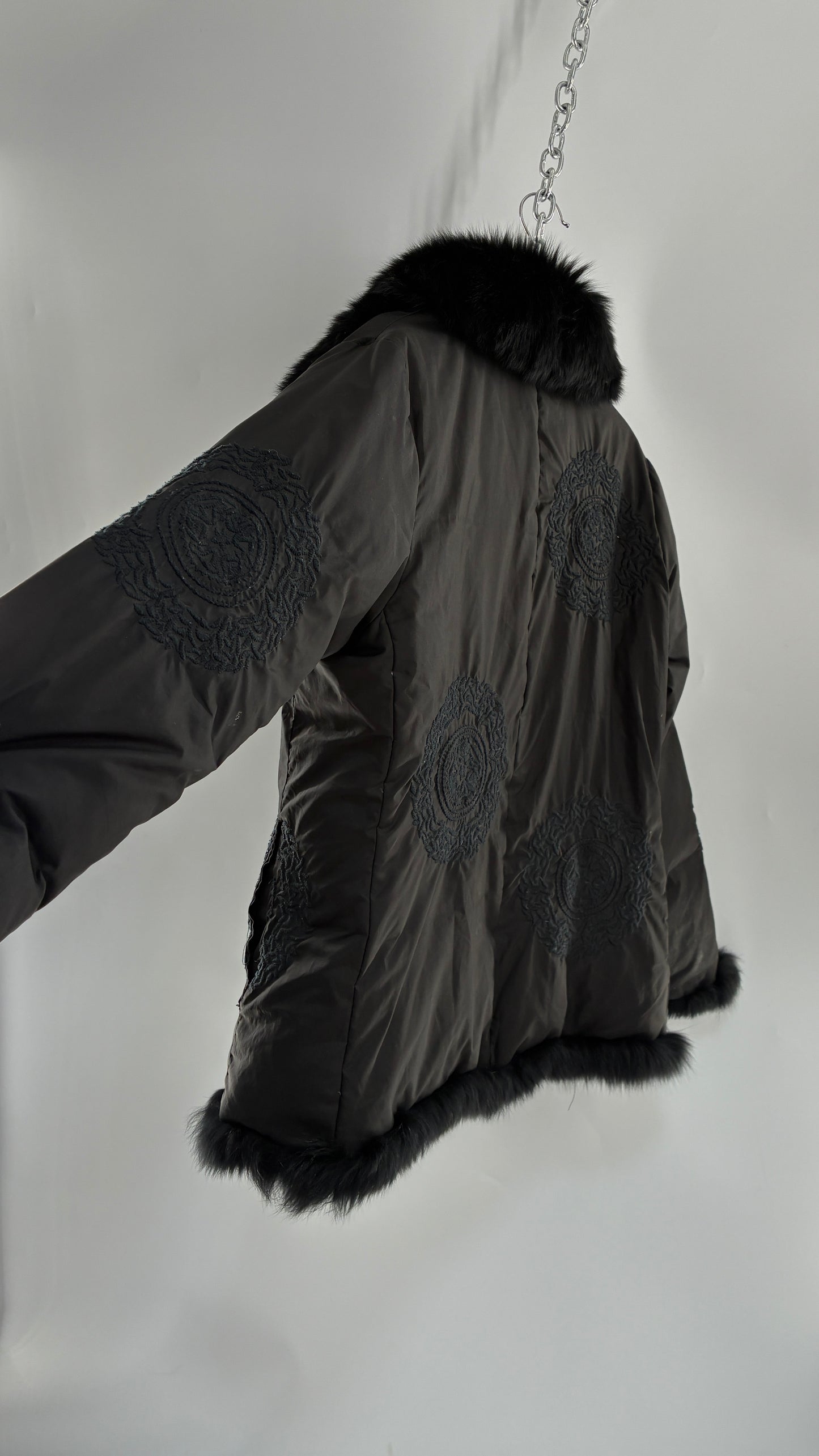 Vintage Gi & JO Black Down and Feather Puffer Jacket with Exaggerated Genuine Rabbit Fur Trim and Mandala Embroidery (Medium)