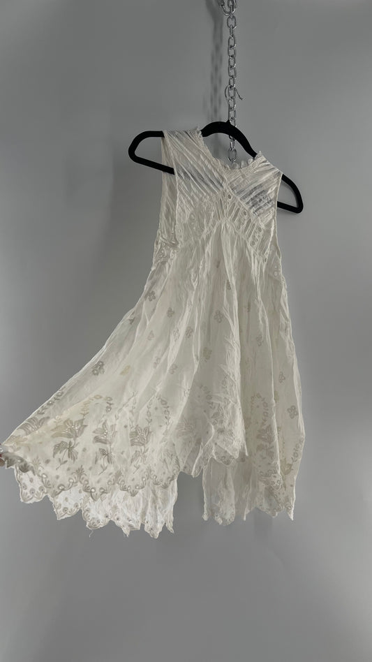 Free People White Cotton Eyelet Embroidered Lace Tank with Pleating, Buttoned and Slit Back (Small)