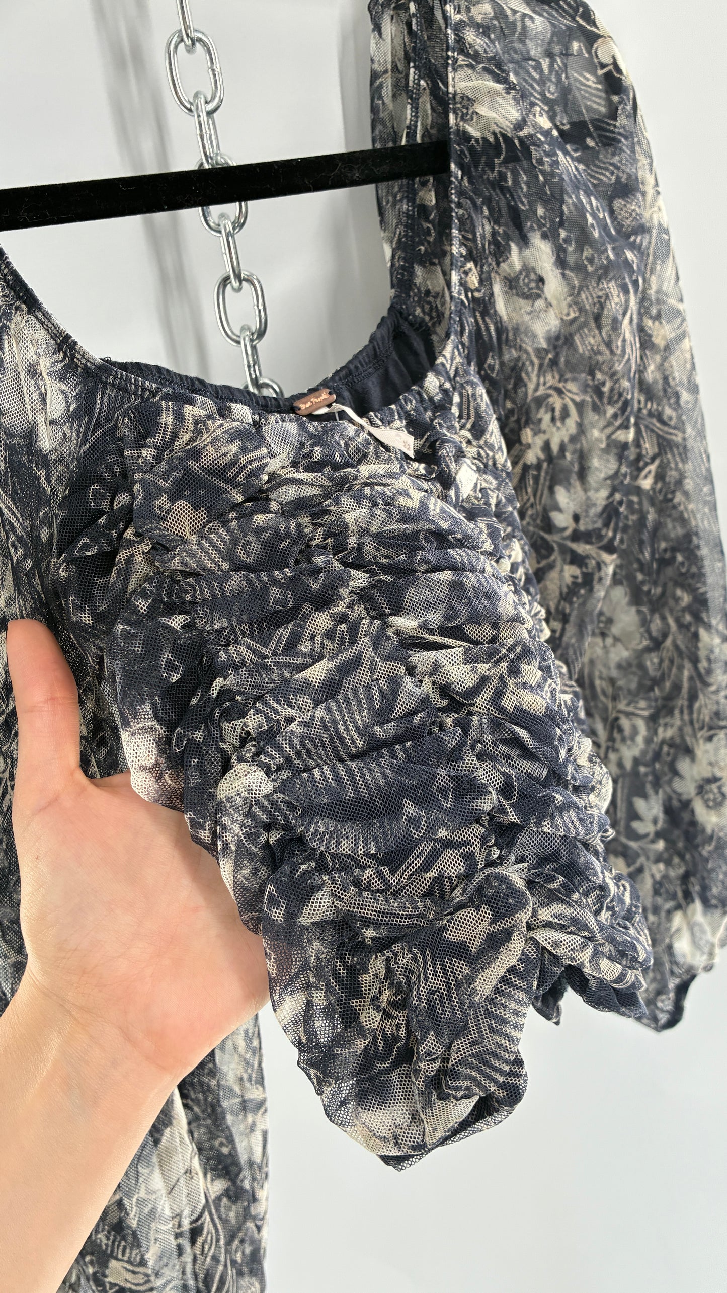 Free People Denim Blue Balloon Sleeve Mesh Ruched Blouse (Medium)