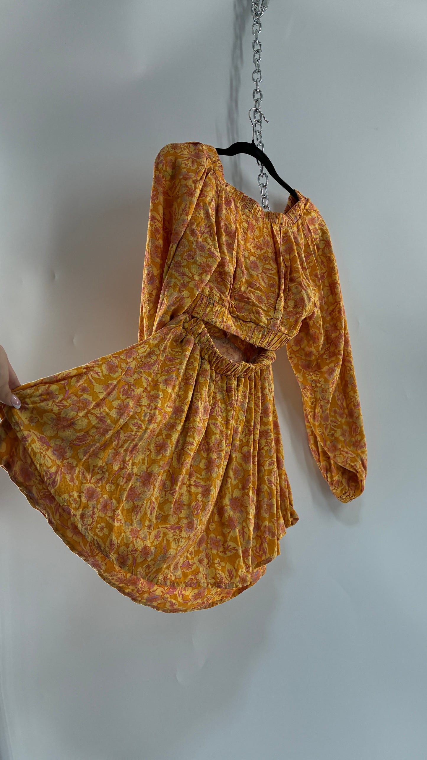 Free People Yellow Cut Out Golden Florals Dress with Ruched Bust and Balloon Sleeves Worn (XS)