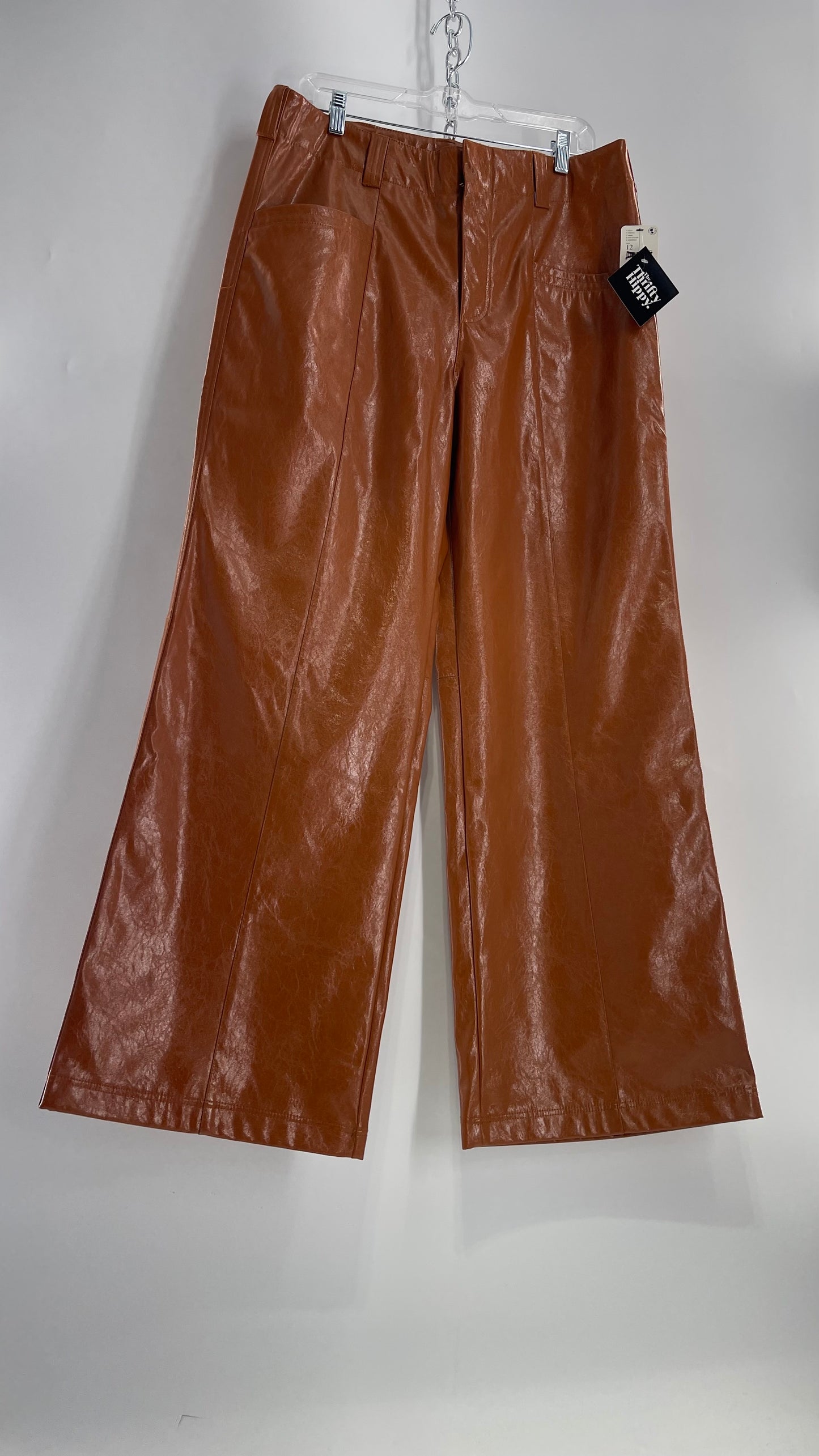 Free People Star Cross Lovers Cognac Brown Vegan Faux Leather  Wide Leg Baggy Trouser(12)