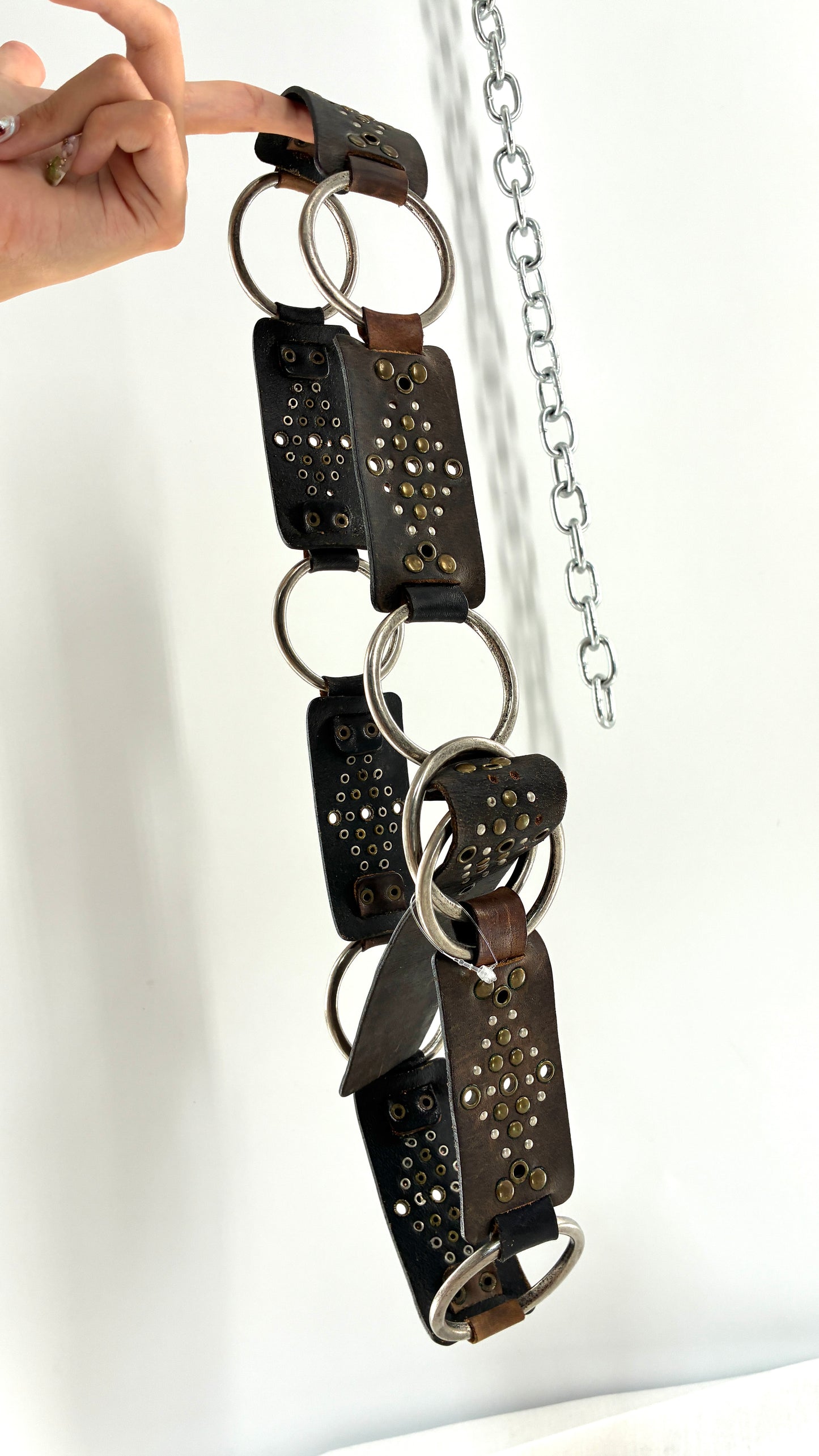 Vintage Studded Leather and Interconnected Metal Ring Belt