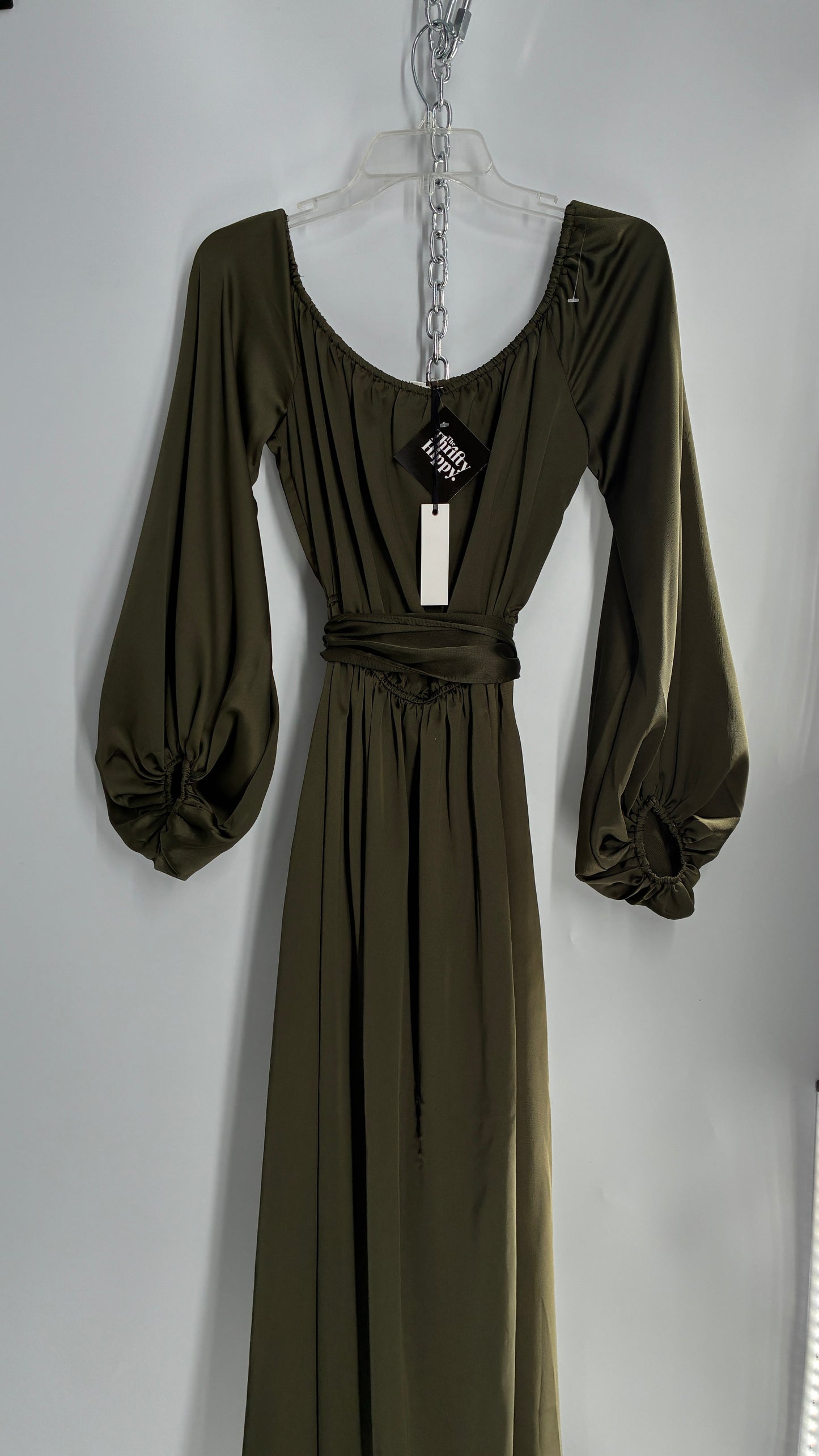Dress Day Army Green Silky Balloon Sleeve Full Length Gown with Slit and Tags Attached (Medium)