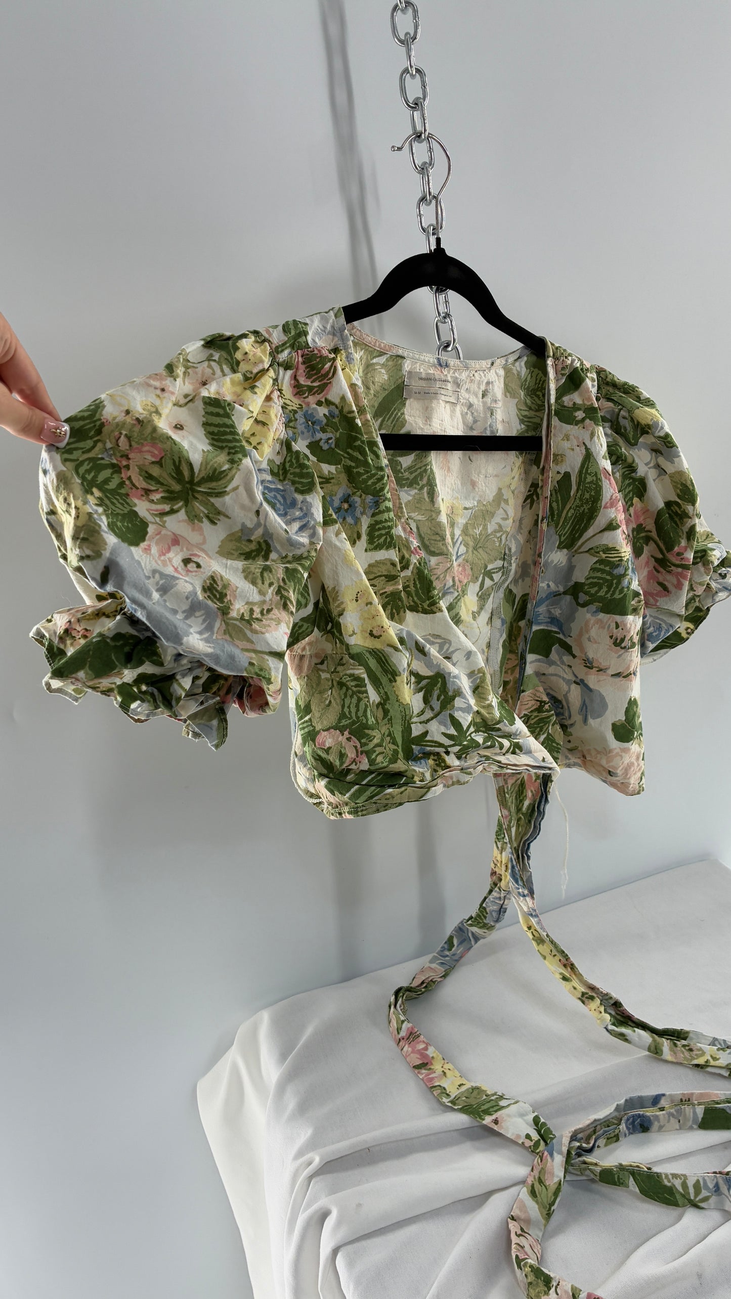 Urban Outfitters Pastel Florals Tie Around Crop with Exaggerated Puff Sleeves  (Medium)
