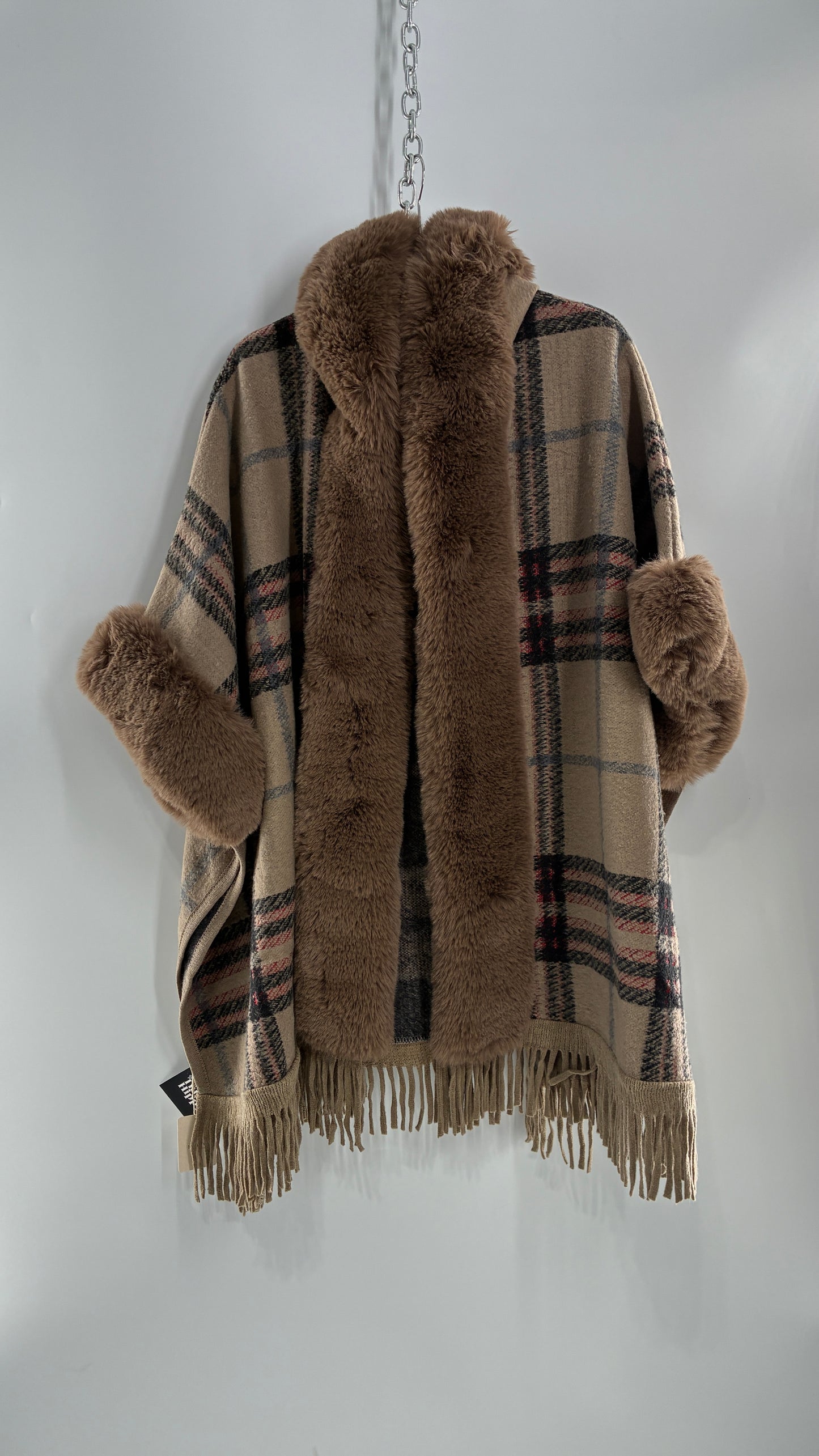 FADIVO NEW YORK Plaid Taupe Cape with Fur Trim and Tags Attached (OS)