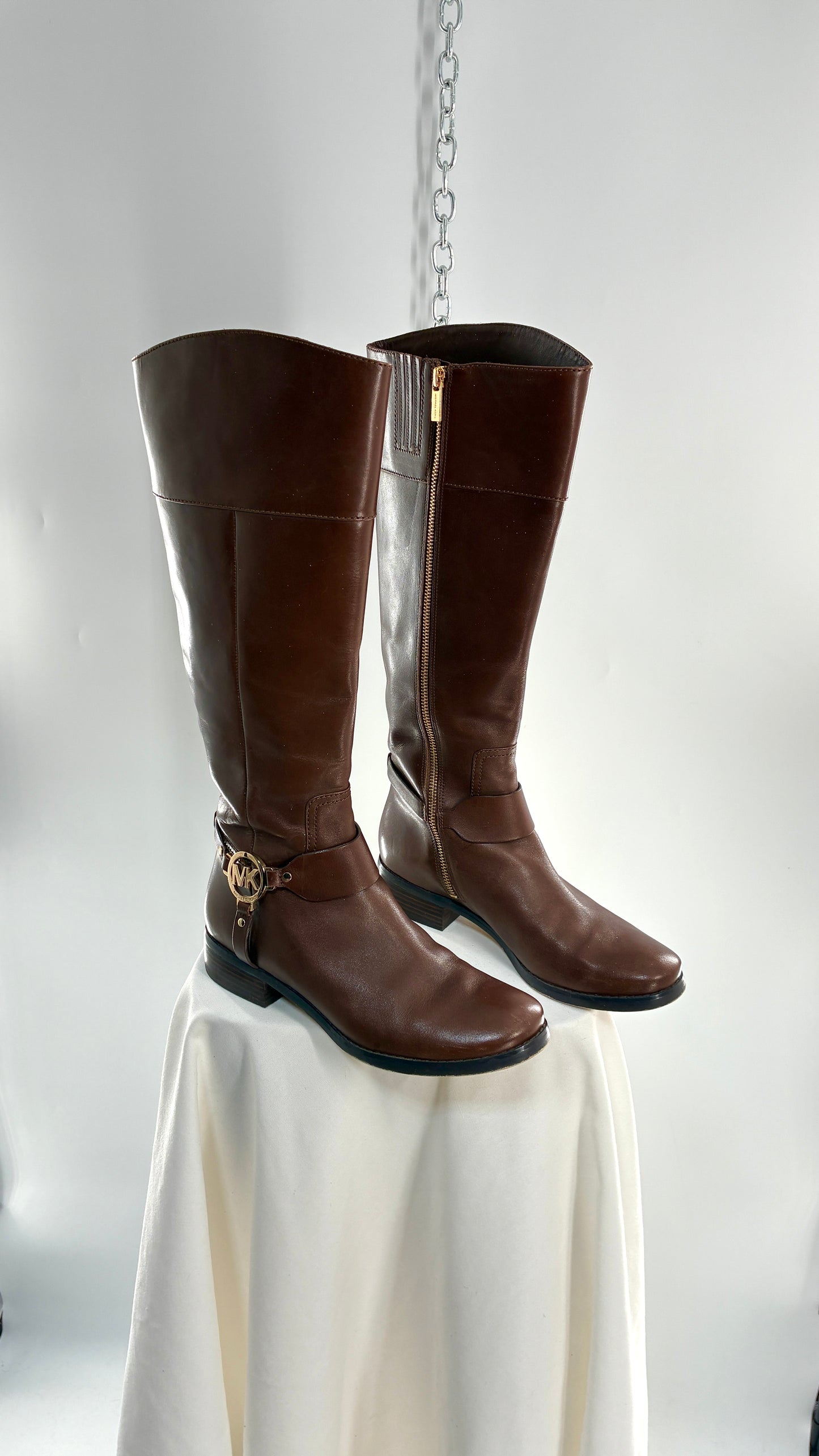 Vintage MICHAEL KORS Knee High Brown Genuine Leather Moto Boot with Gold Detailing (9)