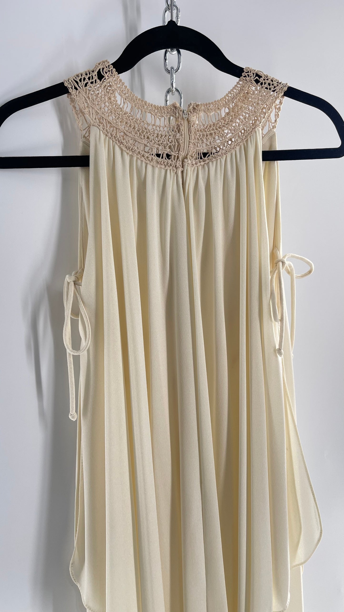 Vintage 1970s Off White Hand Made Goddess Gown with Draping Details, Tie Underarm, Pleated Body and Crochet/Macrame Neckline Detail (XS/S)