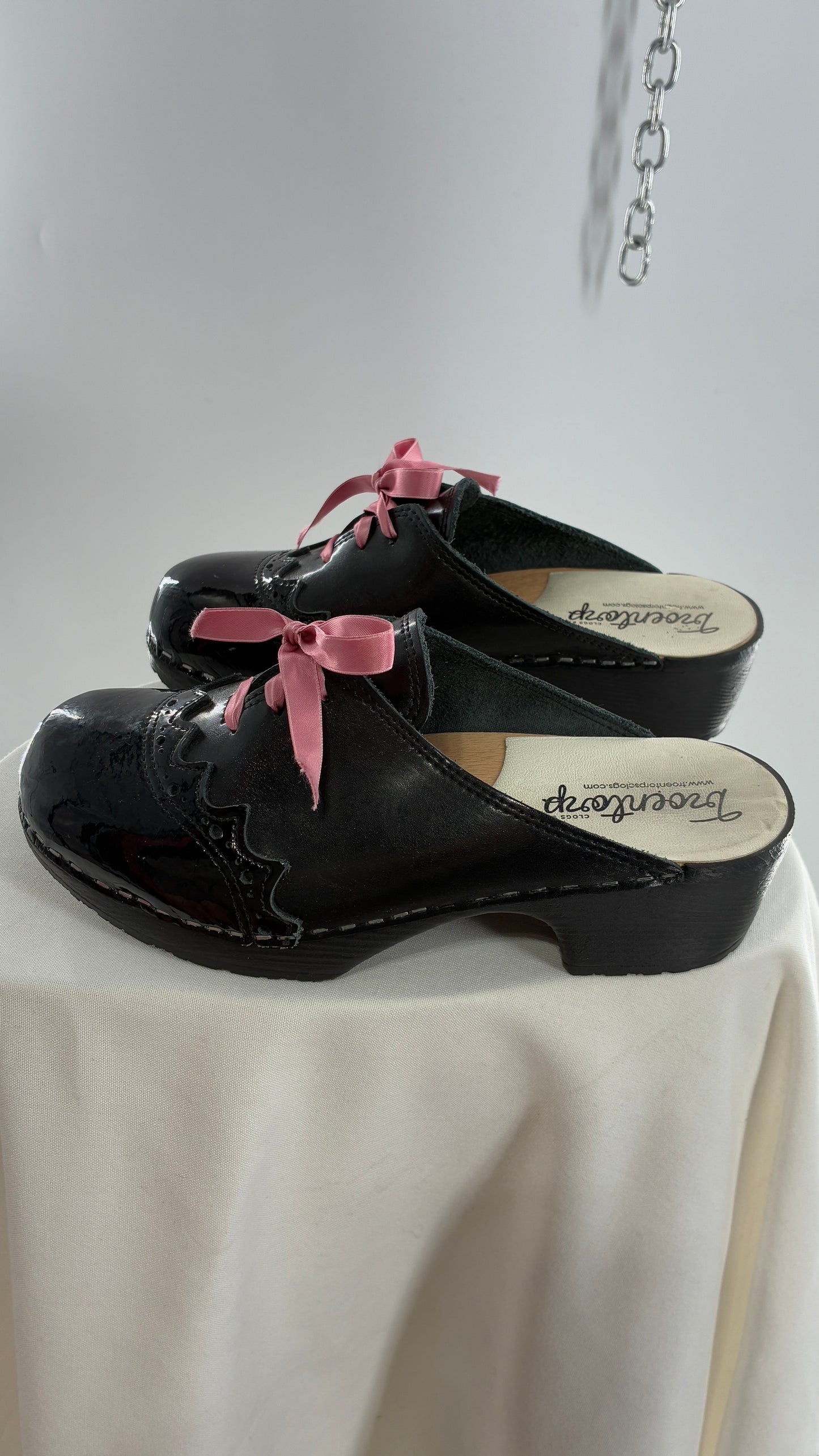 Vintage 1970s TROENTORPS Black Patent Leather Clogs with Ribbon Tie Detail (38)