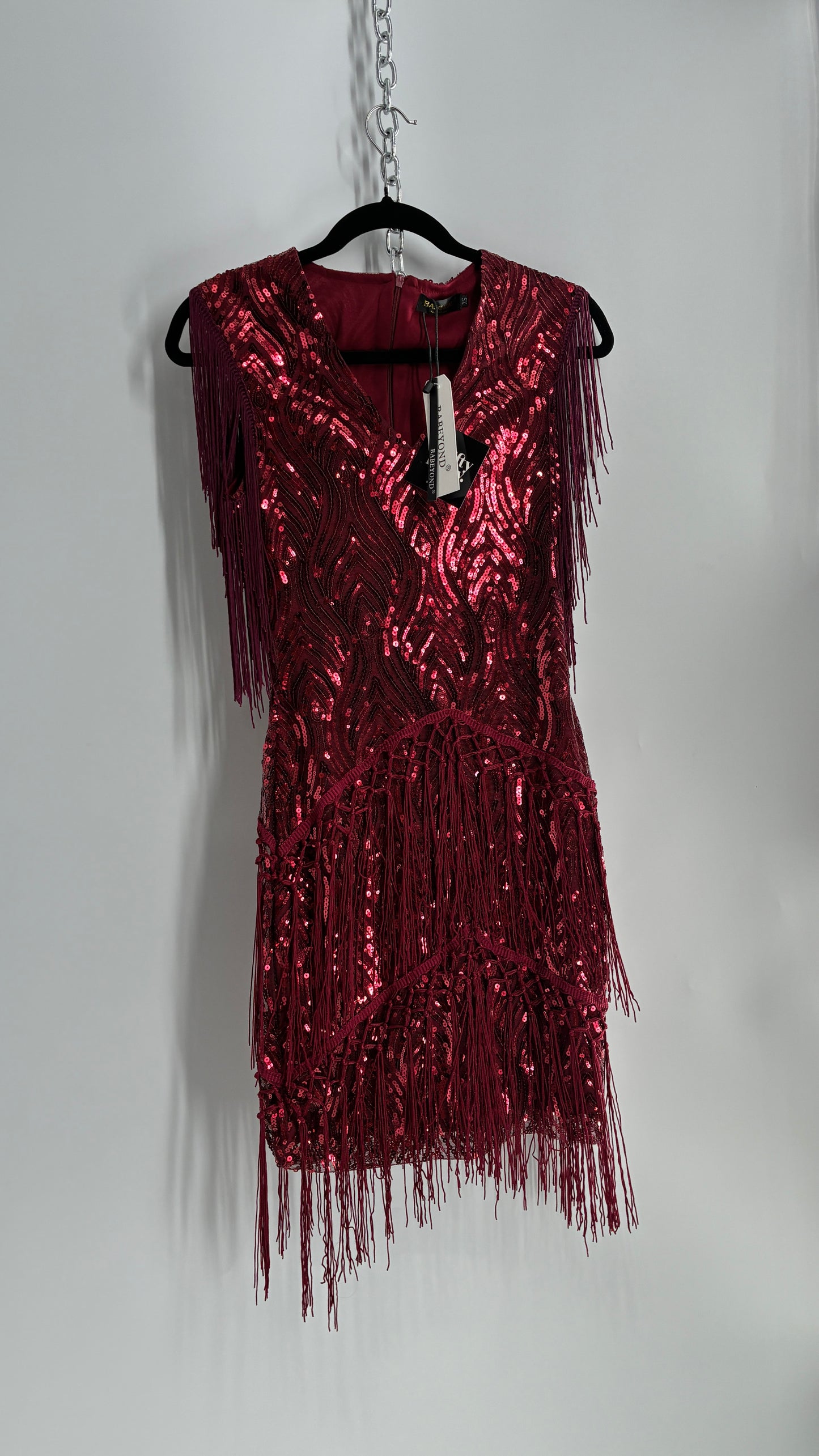 BABEYONO Maroon Sequin Fringe Bodycon Mini Dress (XS)