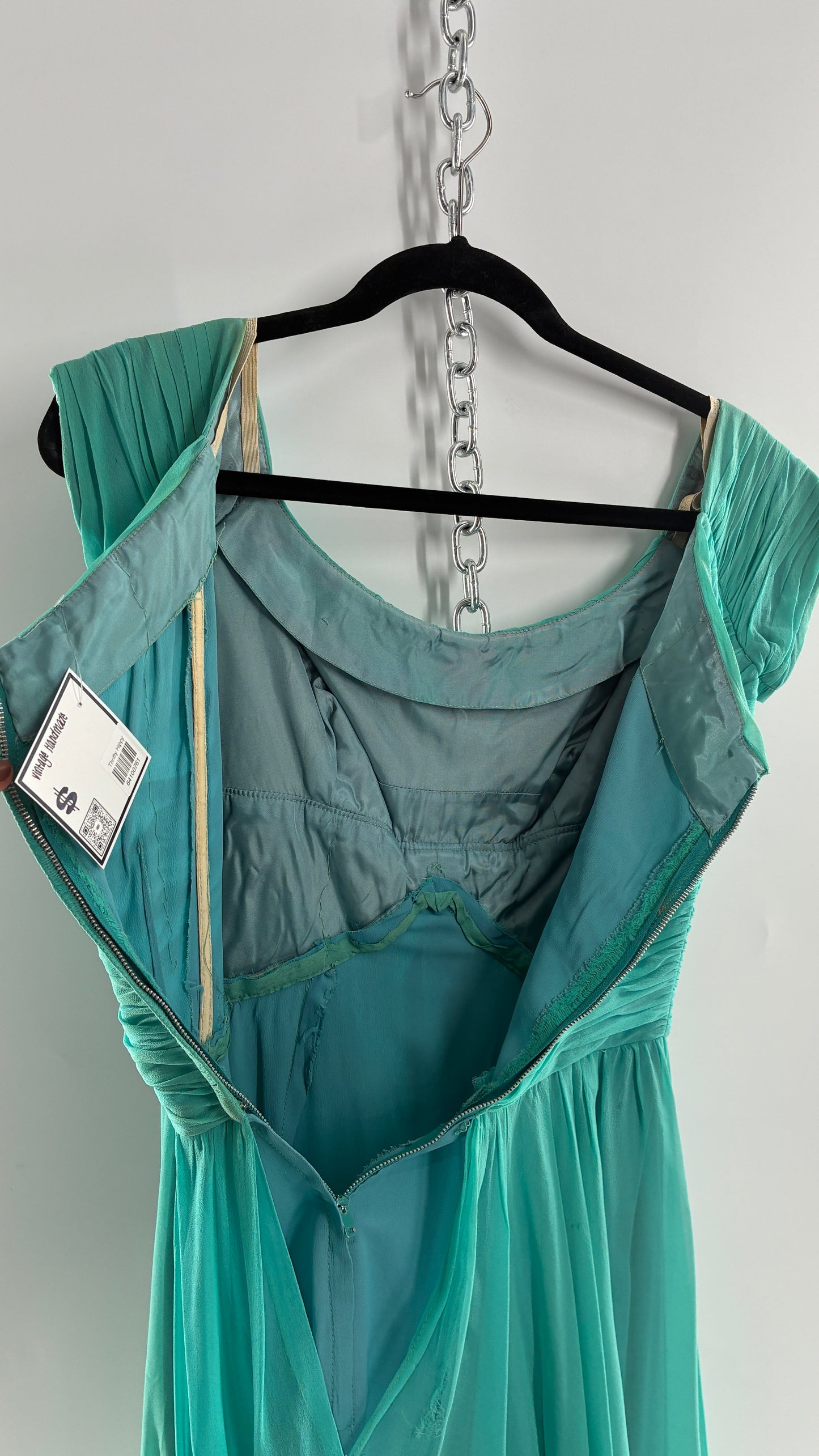 Vintage Teal Handmade Mini Dress with Pleated Basket Woven Bust (XS)