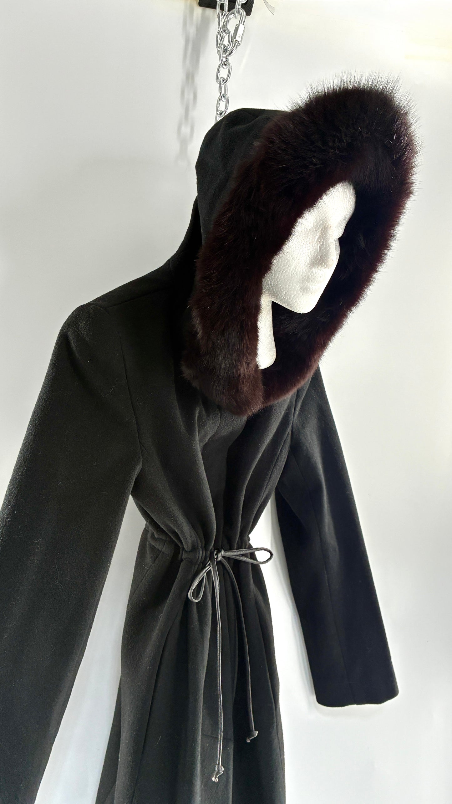 Vintage STEVE by SEARLE Cashmere Blend Coat with Underbust Tie and Fur Hood