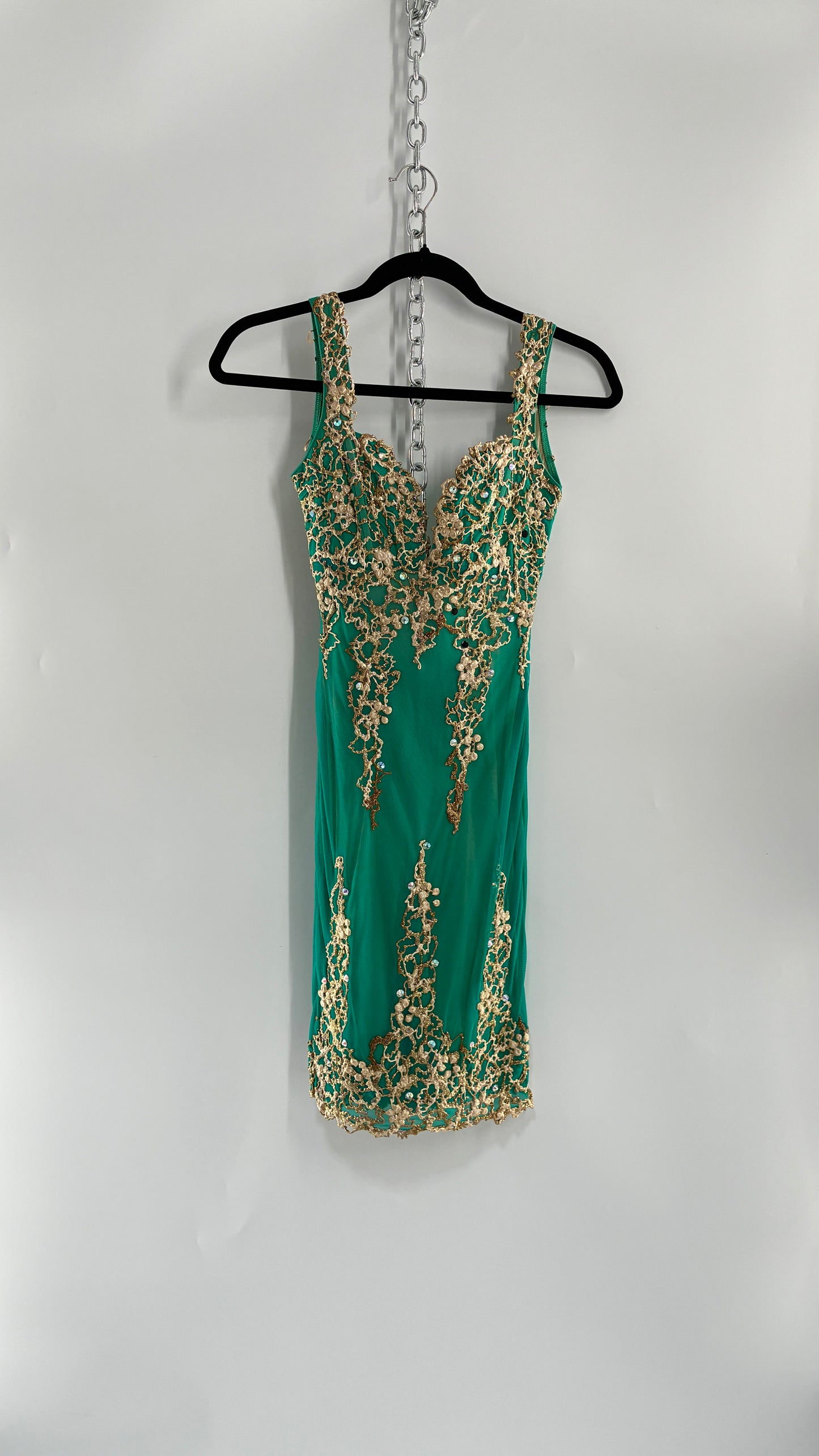 Vintage HOLT Hand Painted Turquoise Mini Dress with Low Open Back (XXS/XS)