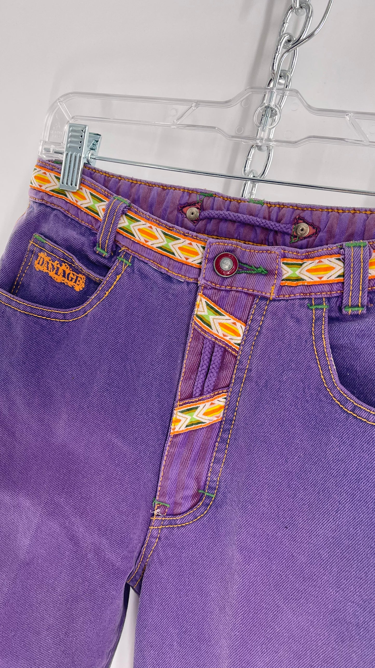 MAJOR DAMAGE 90s Vintage Nostalgic Nickelodeon Esque High Waisted Jeans with Cargo Pocket and Patterned Trim Detailing (2)