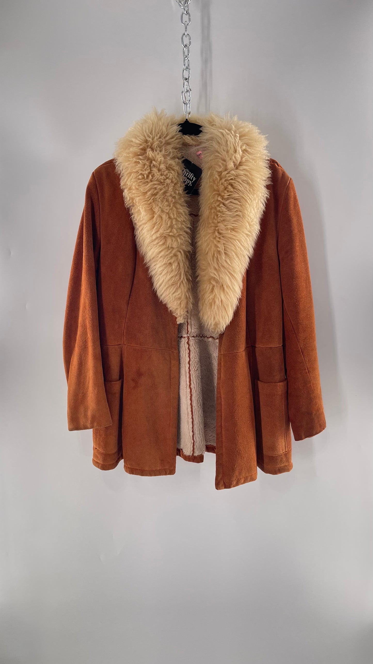 1970s Vintage Burnt Orange Suede Thick Heavy Sherpa Lined Jacket with Genuine Fur Collar (C)(Medium)