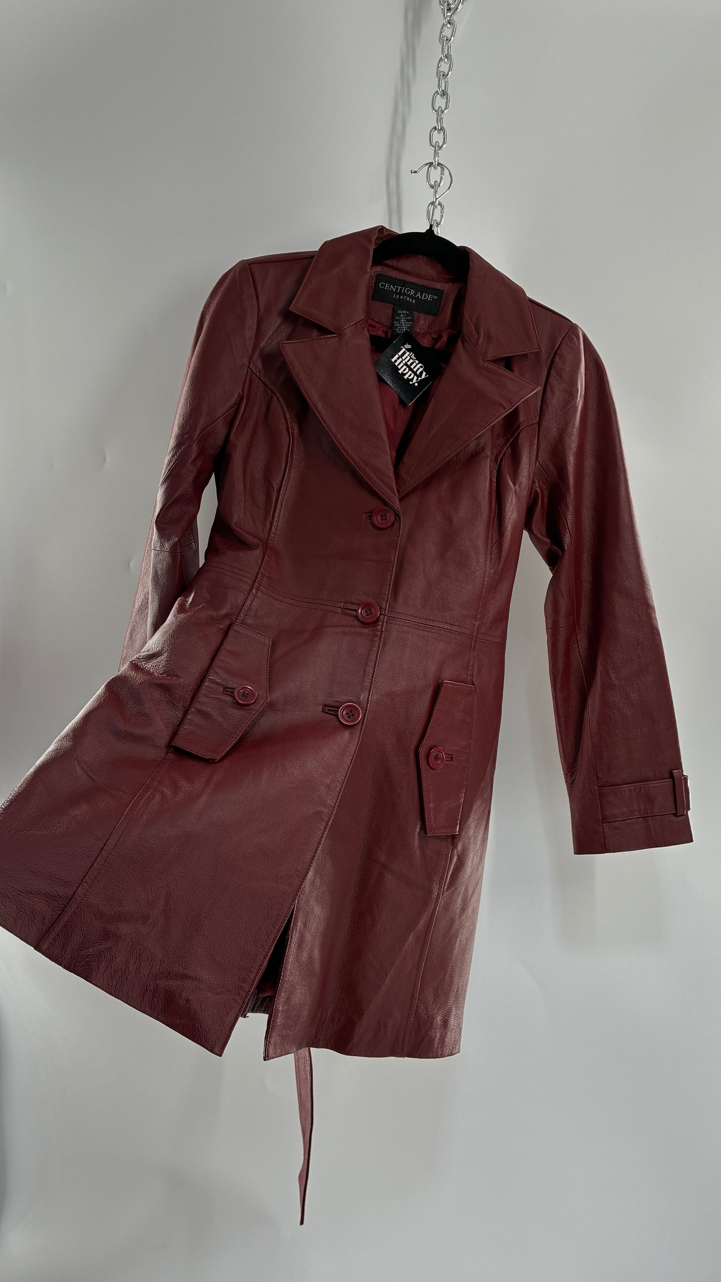 Vintage 1990s CENTIGRADE Red Crimson Genuine Leather Trench Coat (Small)
