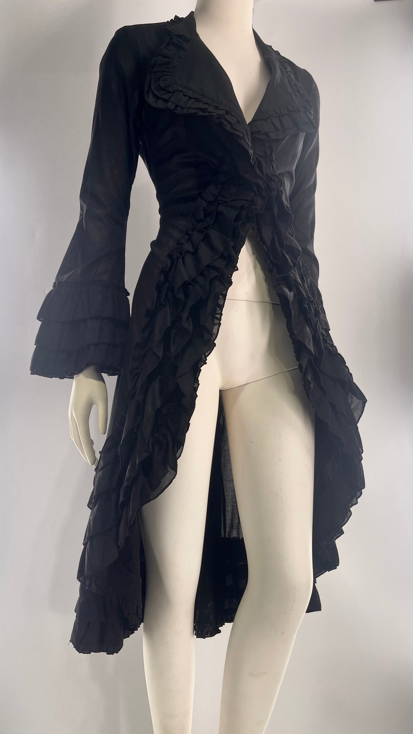 Vintage Cordelia Cotton Black Ruffled Duster Coat with Ruffled Lapel and Cuffs (XS)