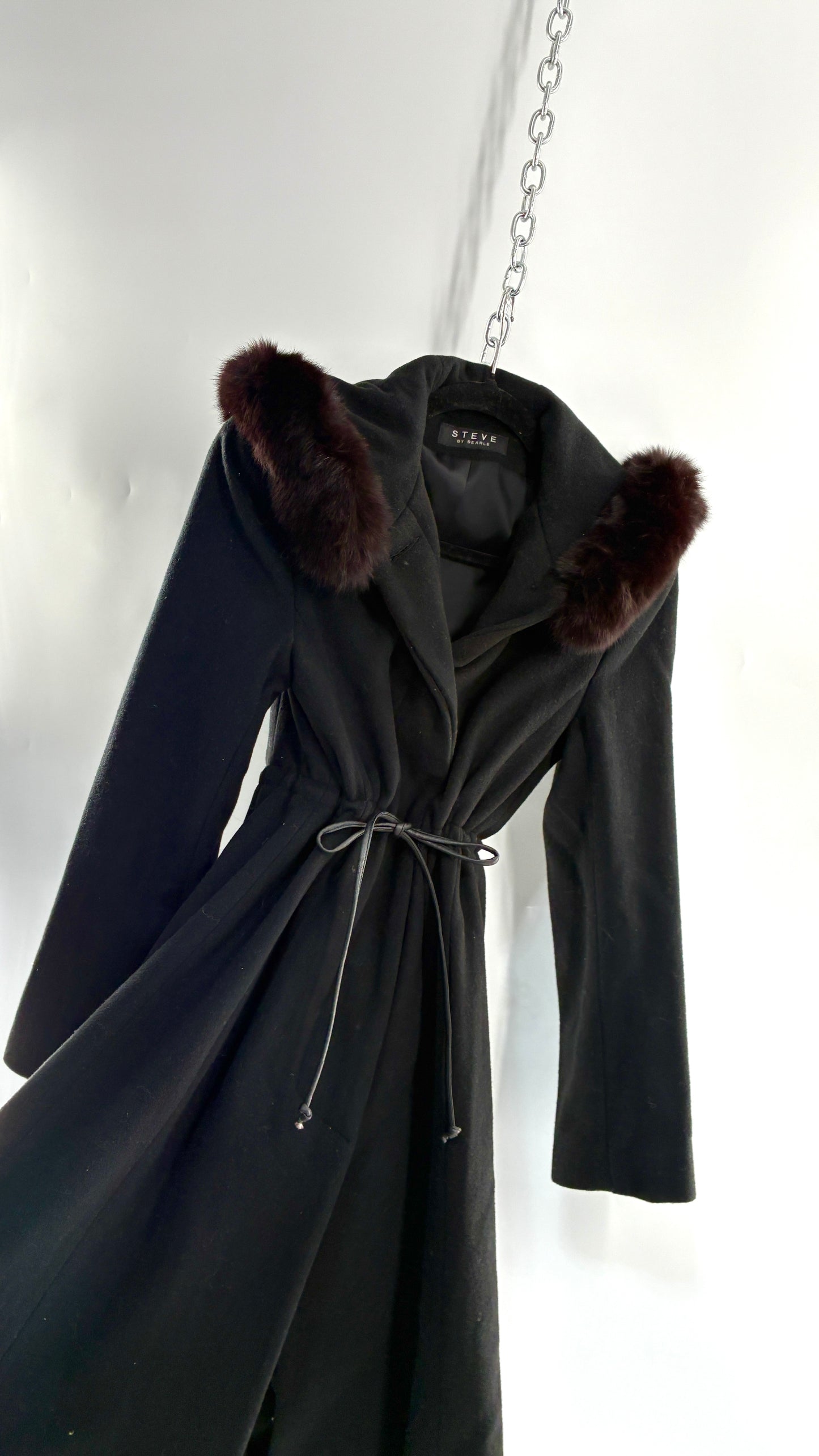 Vintage STEVE by SEARLE Cashmere Blend Coat with Underbust Tie and Fur Hood