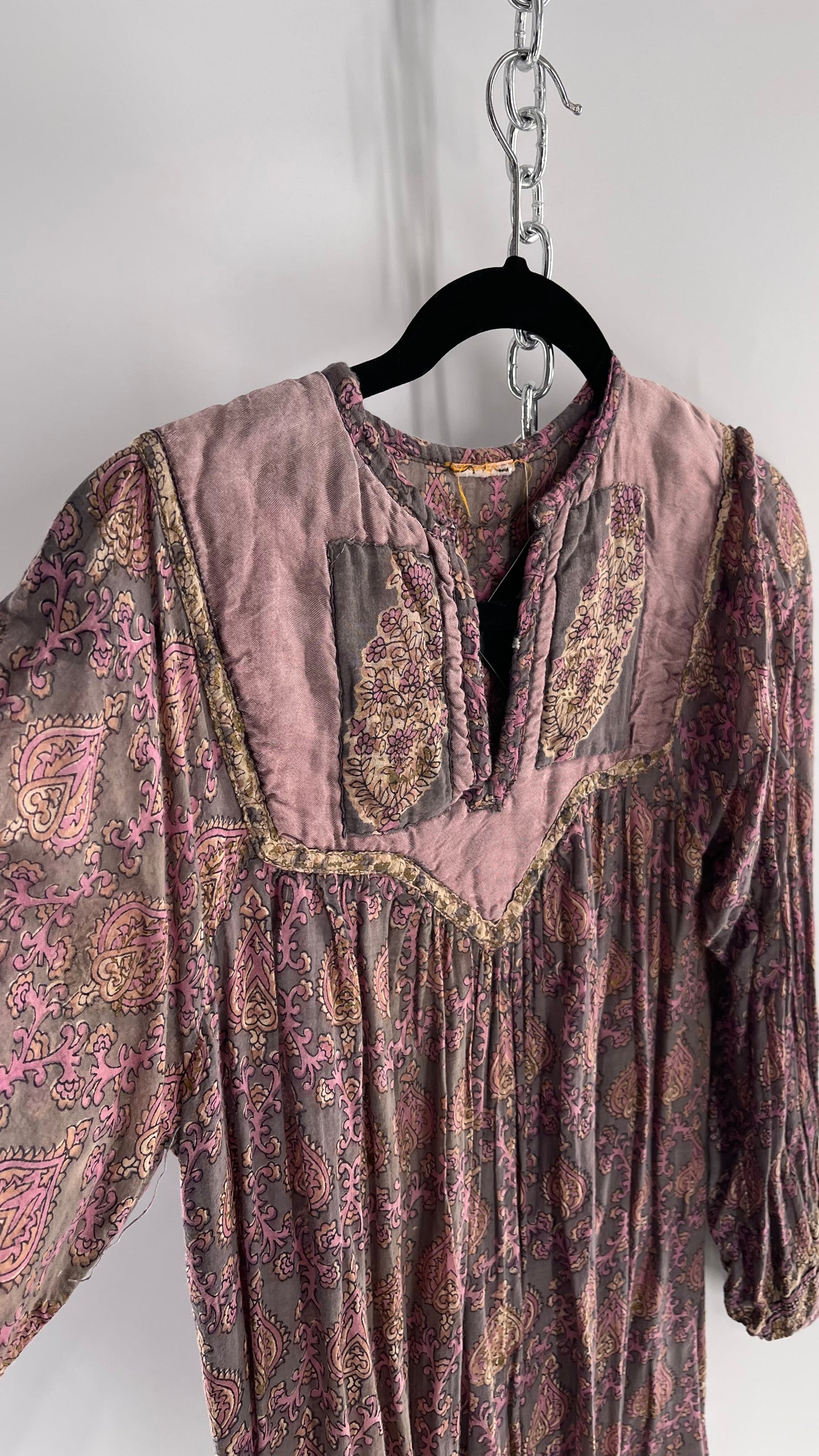 Vintage 1970s Handmade Dusty Purple Full Length Dress with Paisley Pattern and Quilted Neckline (Small)