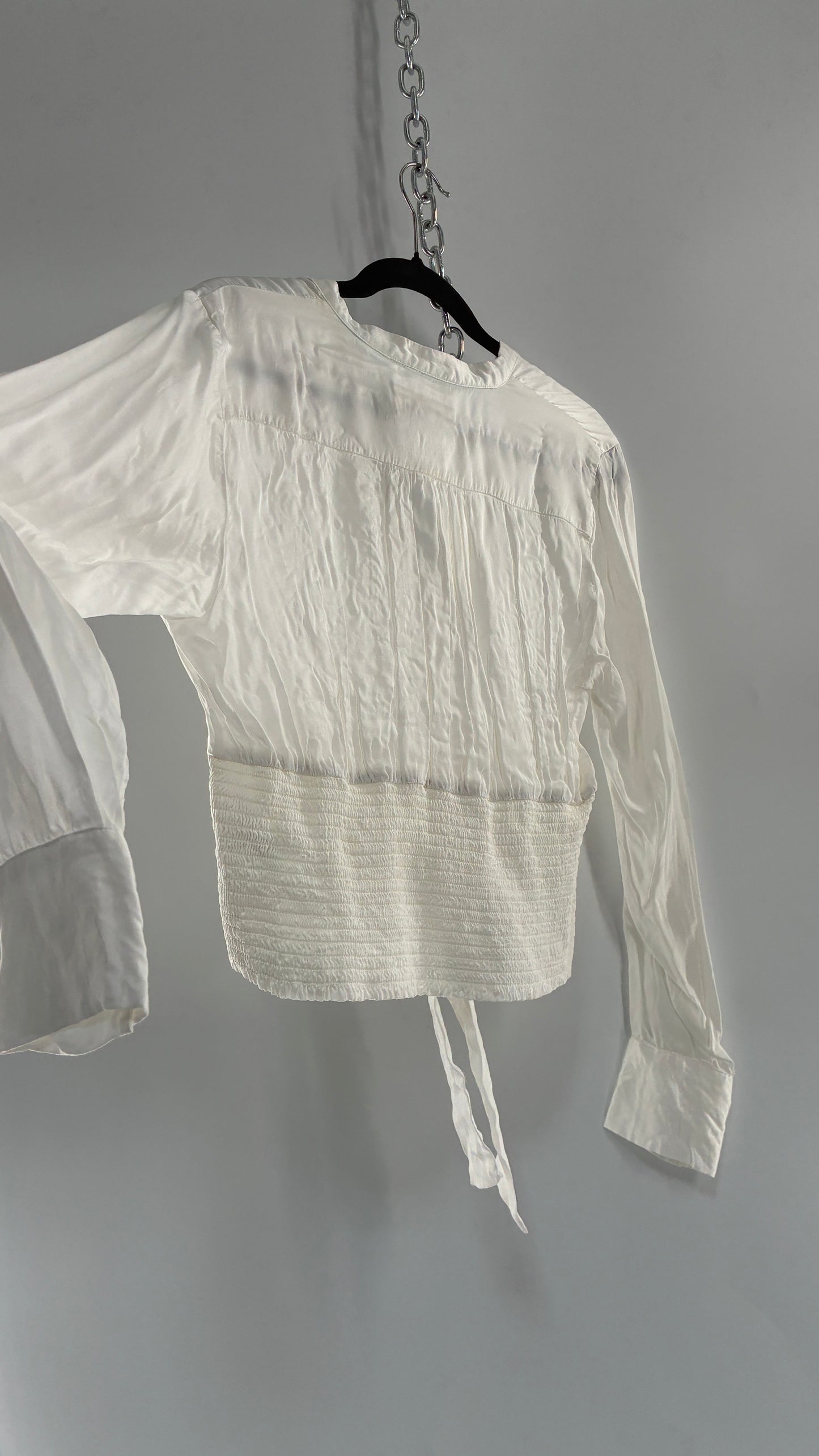 ANTHROPOLOGIE 100% Viscose White Silky Ruche Waist Blouse (Large)