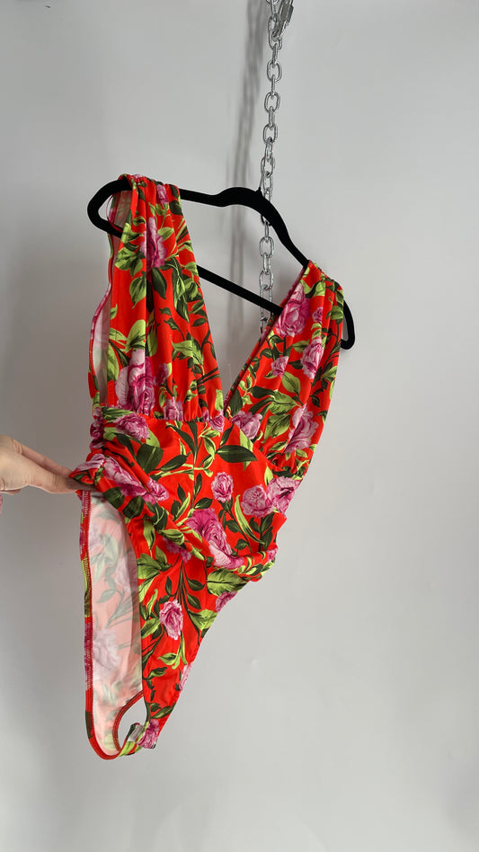 ZARA Orange Tropical Flora Ruched Bodice Bodysuit with Tags Attached  (Medium)