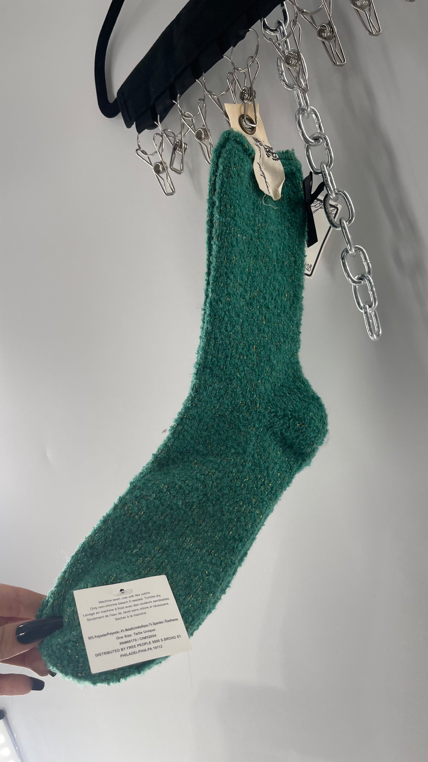 Free People Festive Green Socks with Gold Tinsel and Black Satin Bow Detail