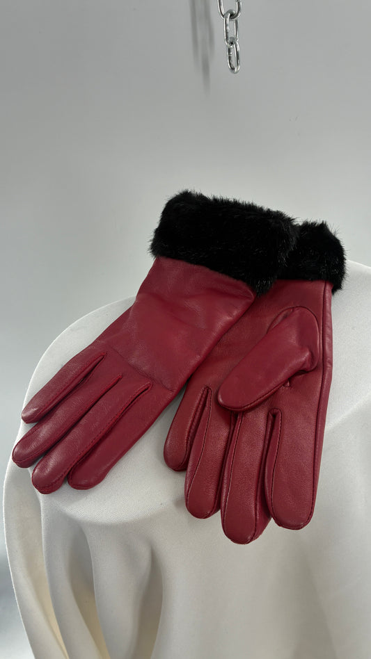 Vintage Red Leather Gloves with Faux Fur Trim