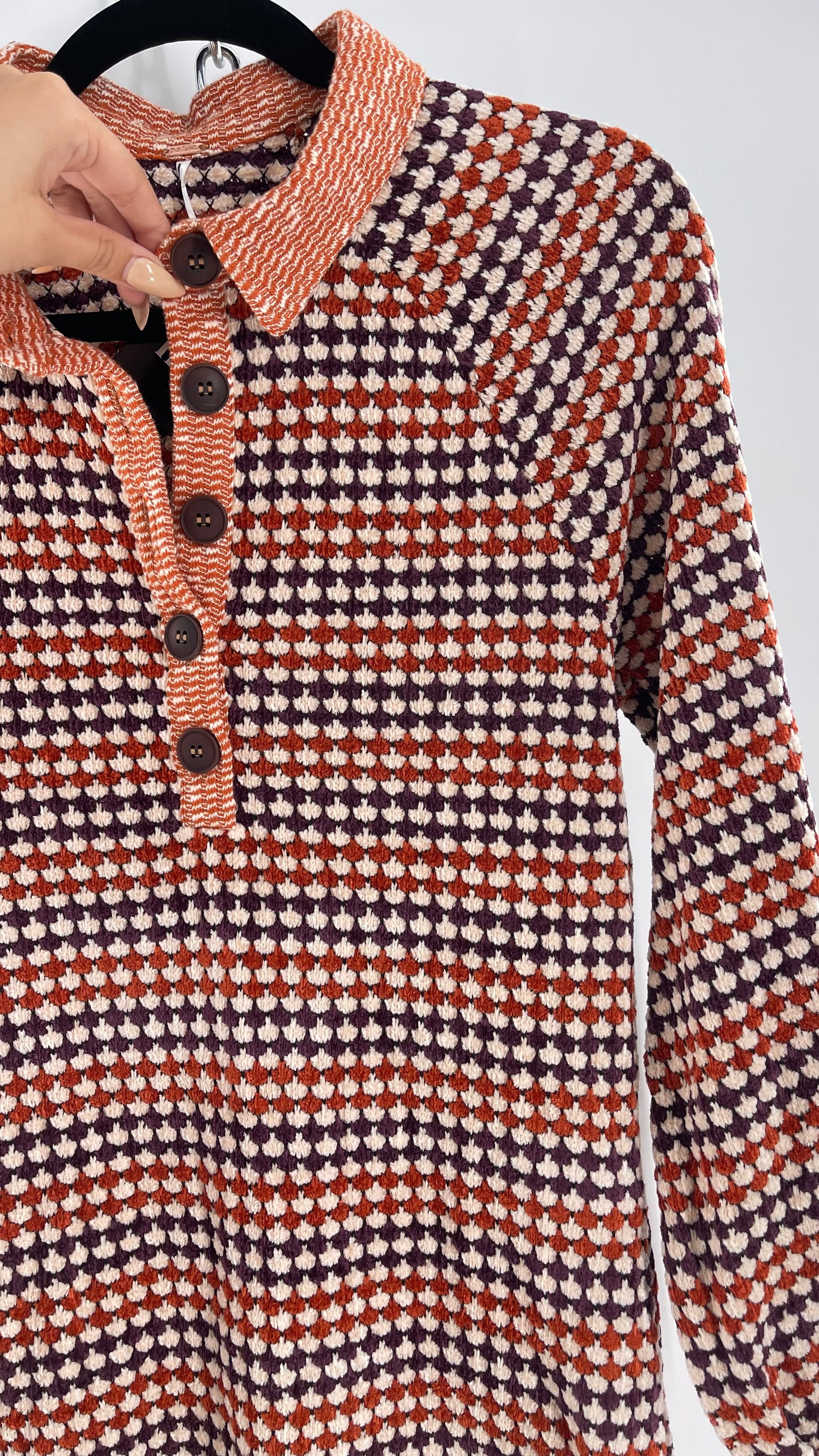 Free People Collared, Orange/Purple Chenille Knit Houndstooth Checkered Patterned 70s Dress (Small)