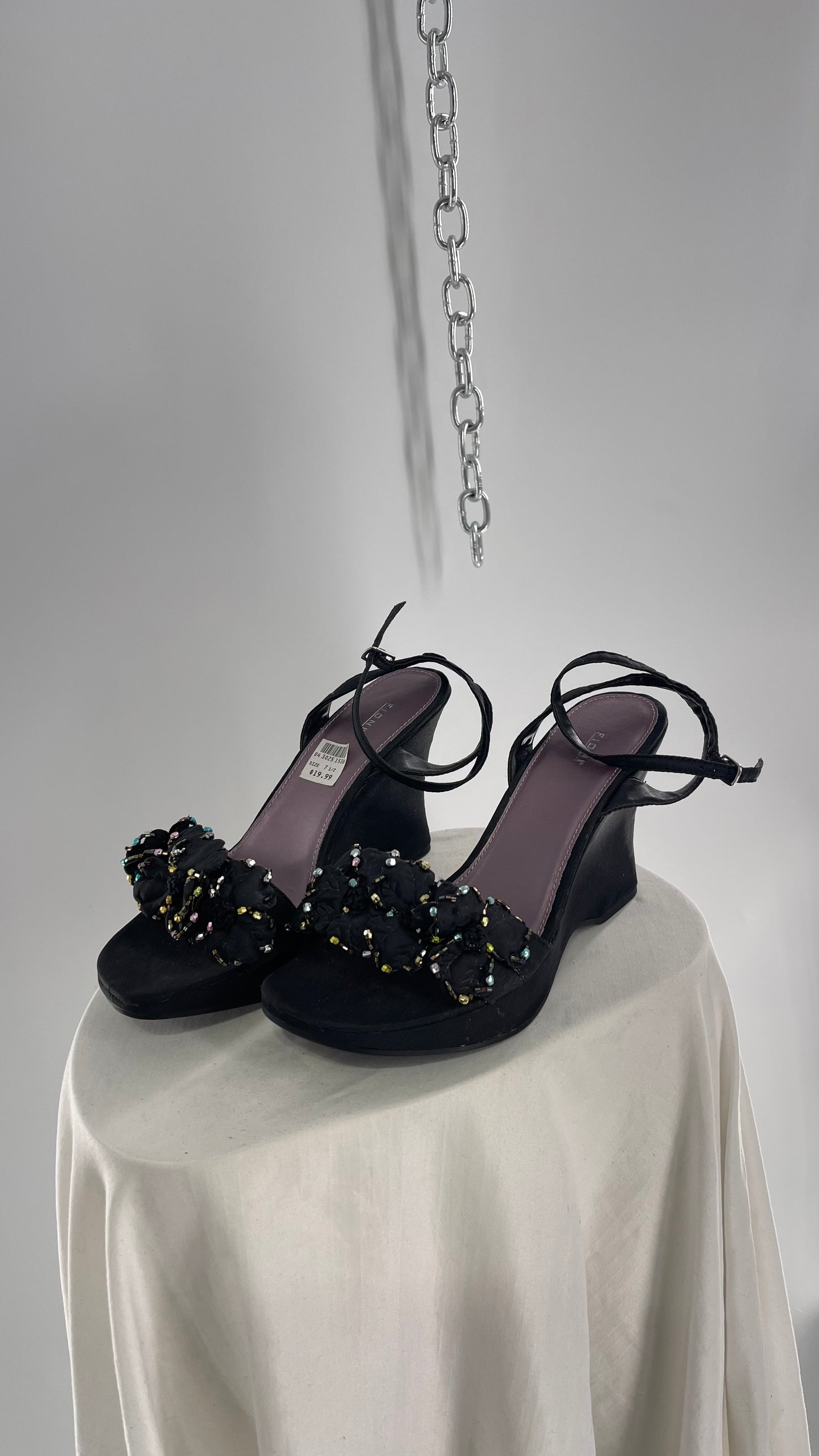 FIONI Vintage Black Wedge Satin Heel with Beaded Floral Rosette Petals (7.5)