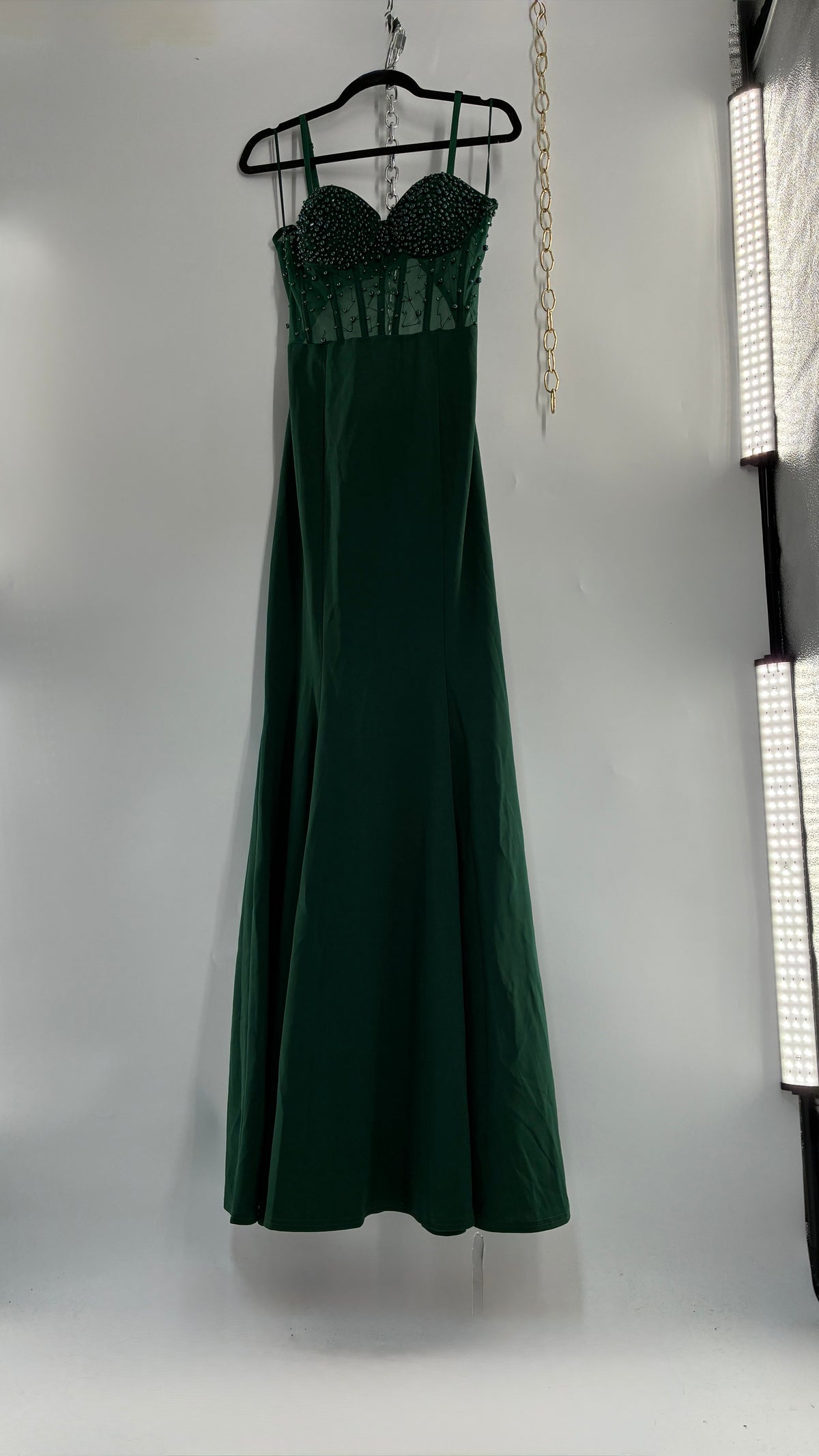 WINDSOR Green Backless Gown with Beaded Corset, Thigh Slit, and Tags Attached (Large)