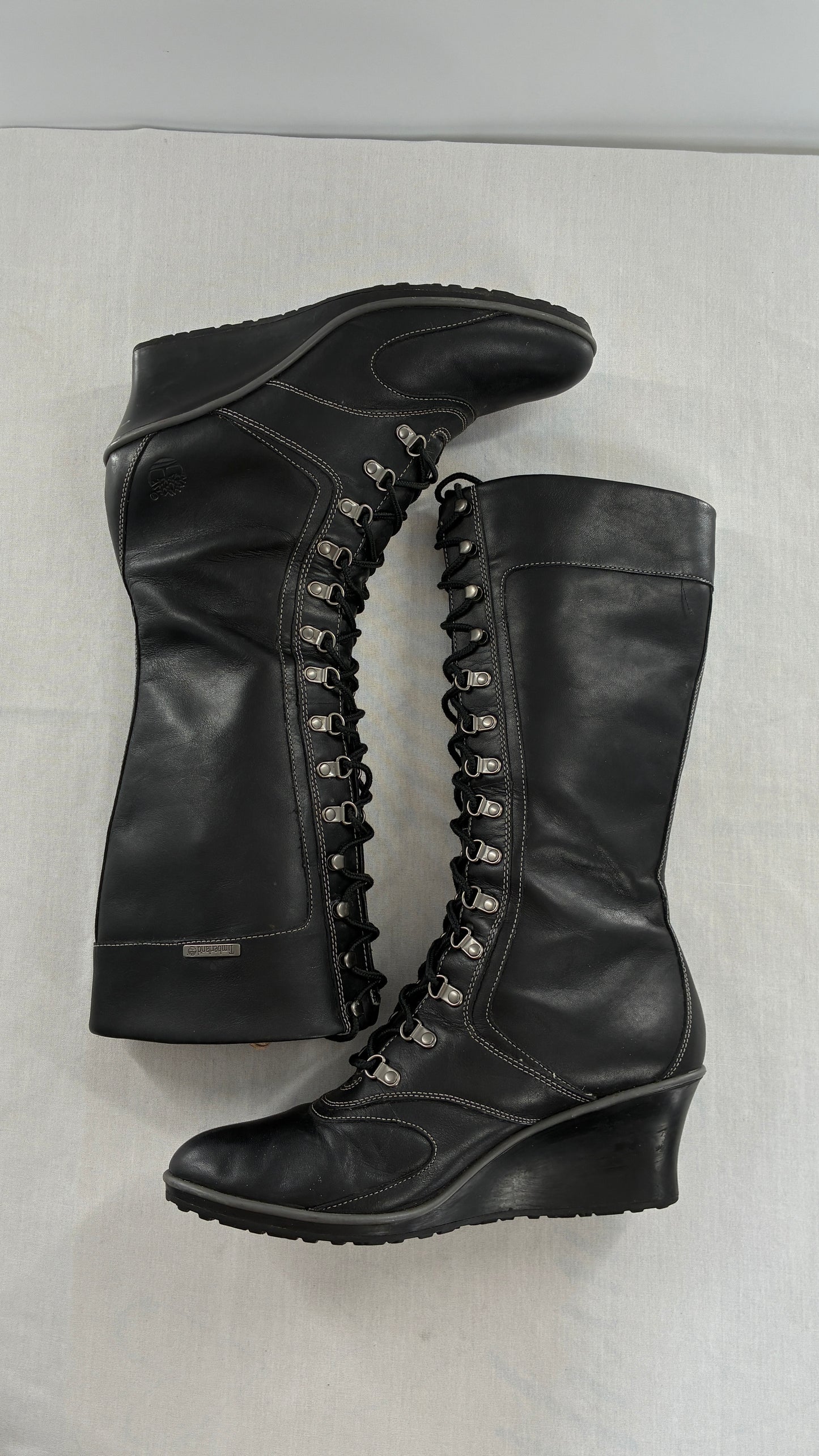 Vintage TIMBERLAND Black Genuine Leather Wedge Boots (10)