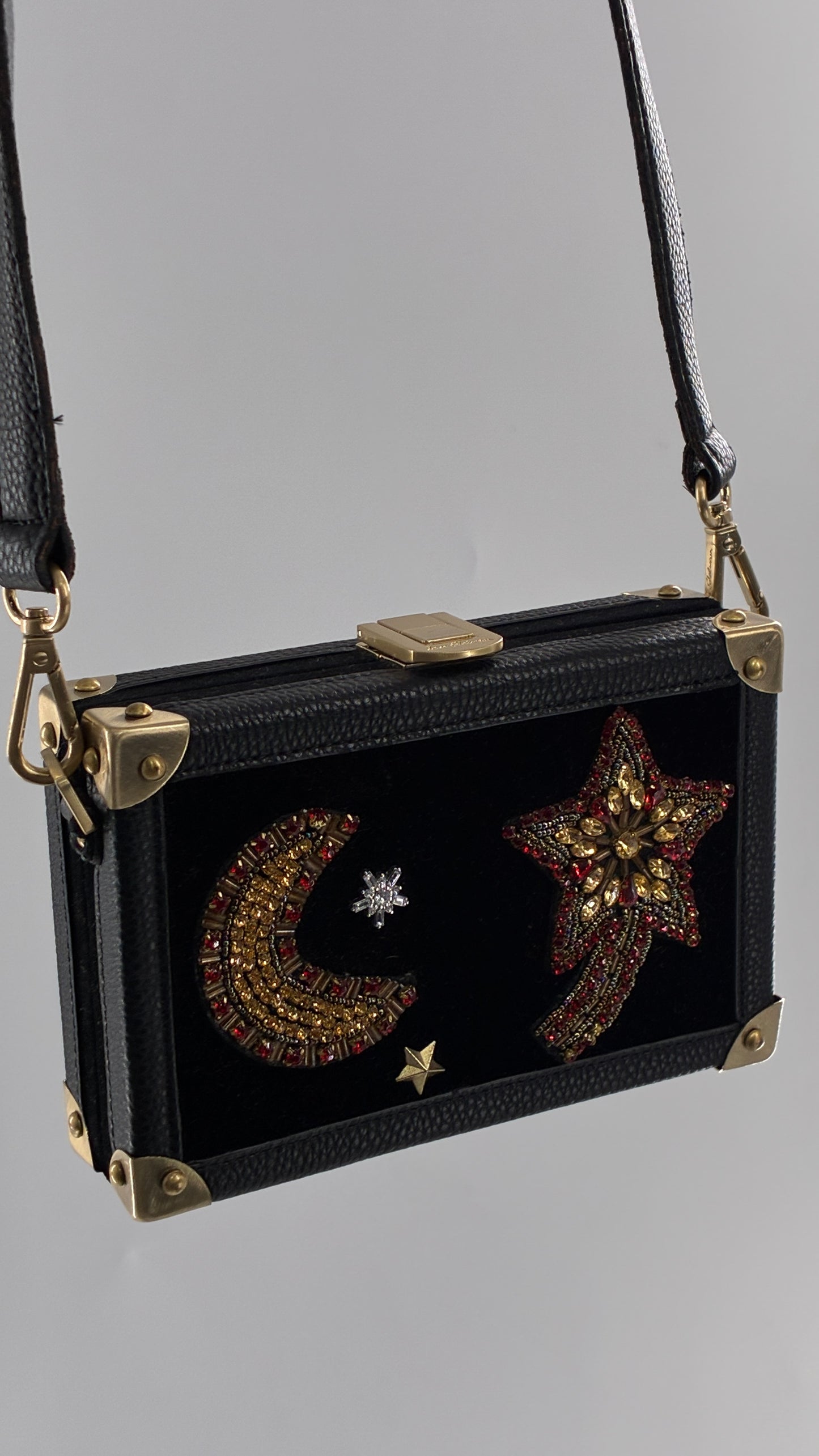 Vintage Sam Edelman Black Leather and Velour Box Case Purse with Gold Hardware and Celestial Beading