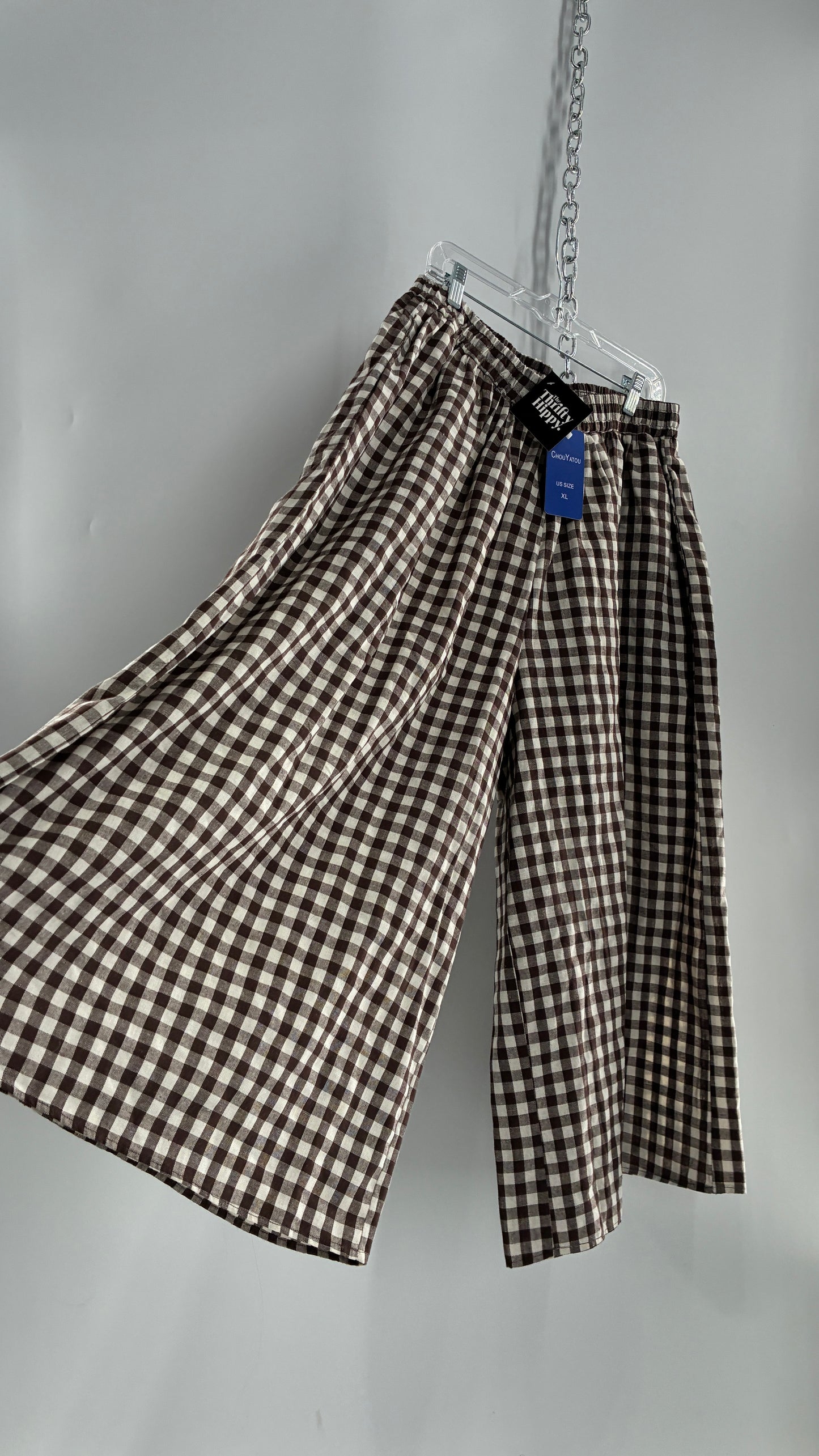 Wide Leg Brown Gingham Picnic Pants (XL)