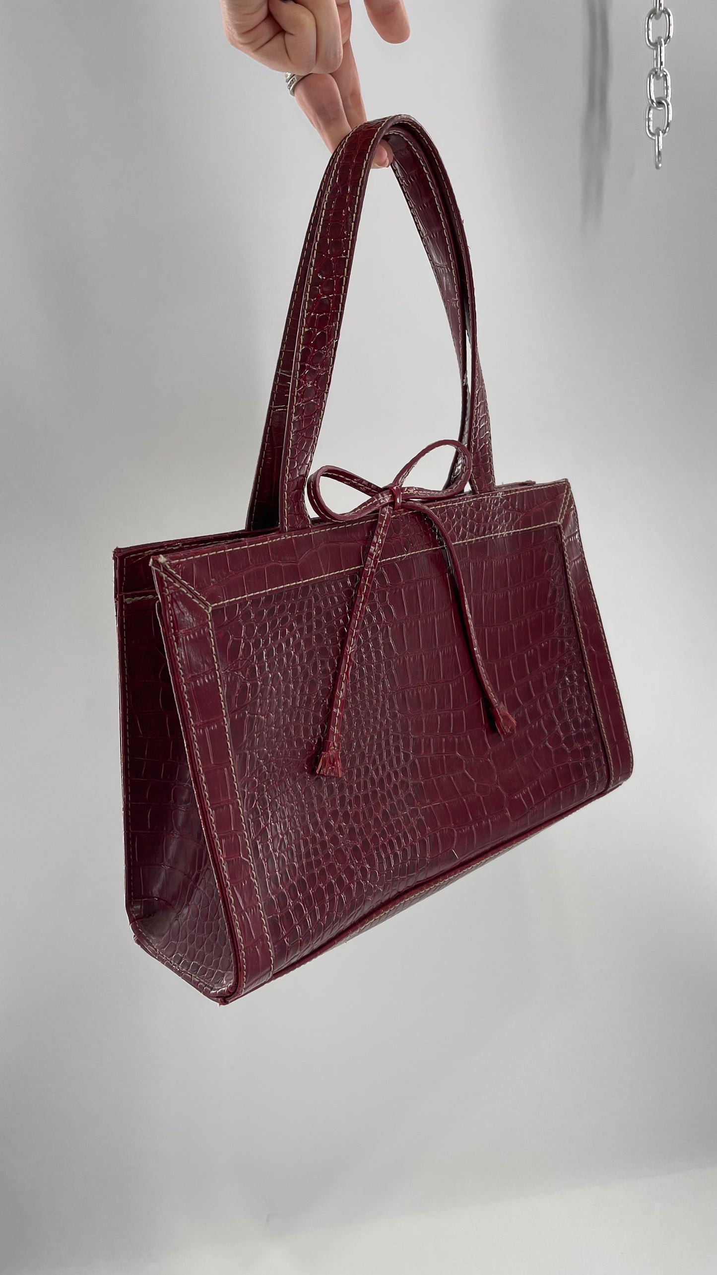 Vintage Liz Claiborne 1990s Cherry Red Crocodile Embossed Structured Bow Bag