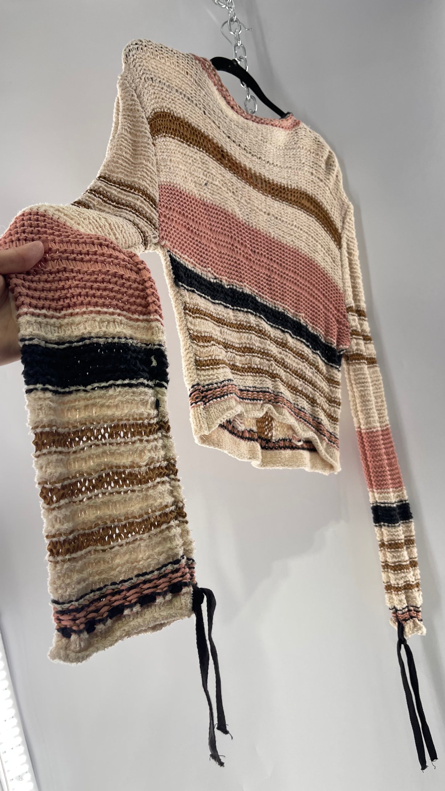 Free People Beige Slouchy Sweater with Dusty Pink, Tan and Black Striping Detail (Medium)