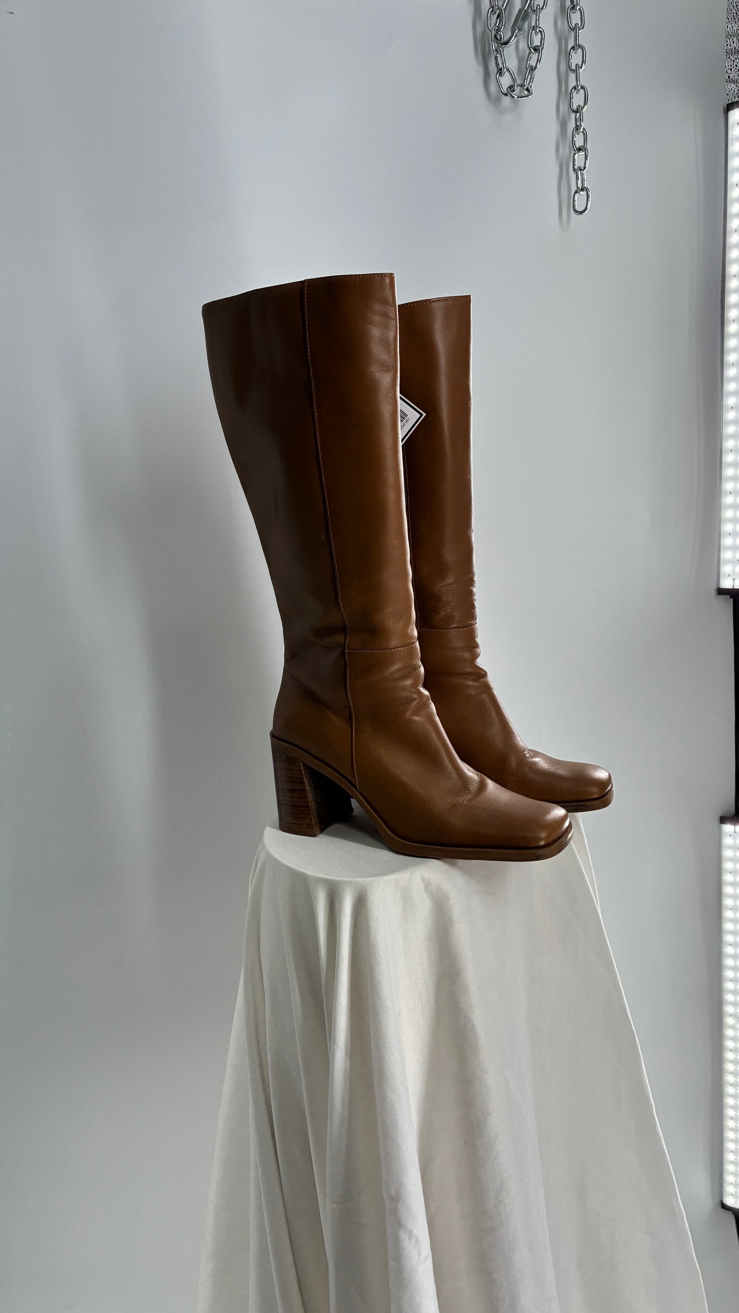 Vintage Strive Genuine Leather Square Toe Knee High Boots with Chunky Block Heel Made in Uruguay (9.5)