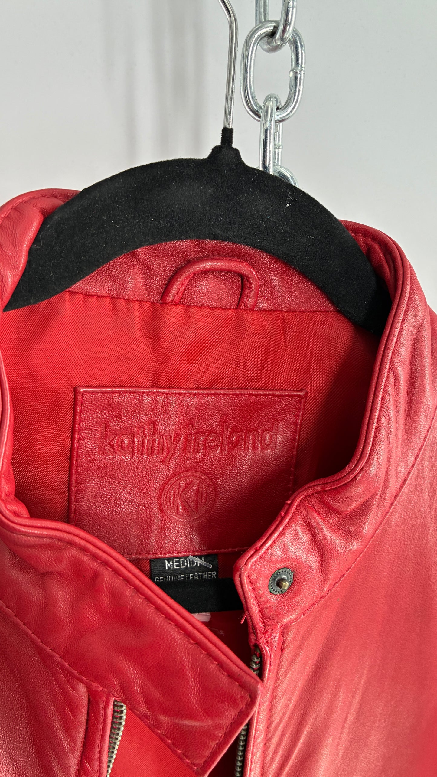 KATHY IRELAND Lamb Leather Red Motorcycle Neck Strap Jacket (Medium)