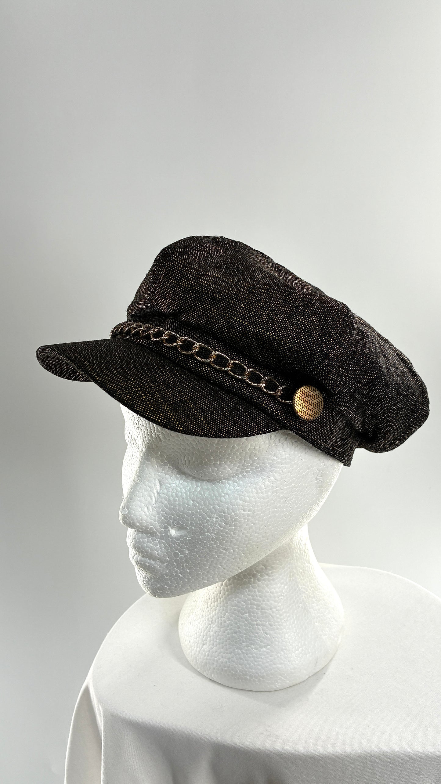 Vintage BADGLEY MISCHKA Metallic Bronze Newsboy Cap with Chain Detail