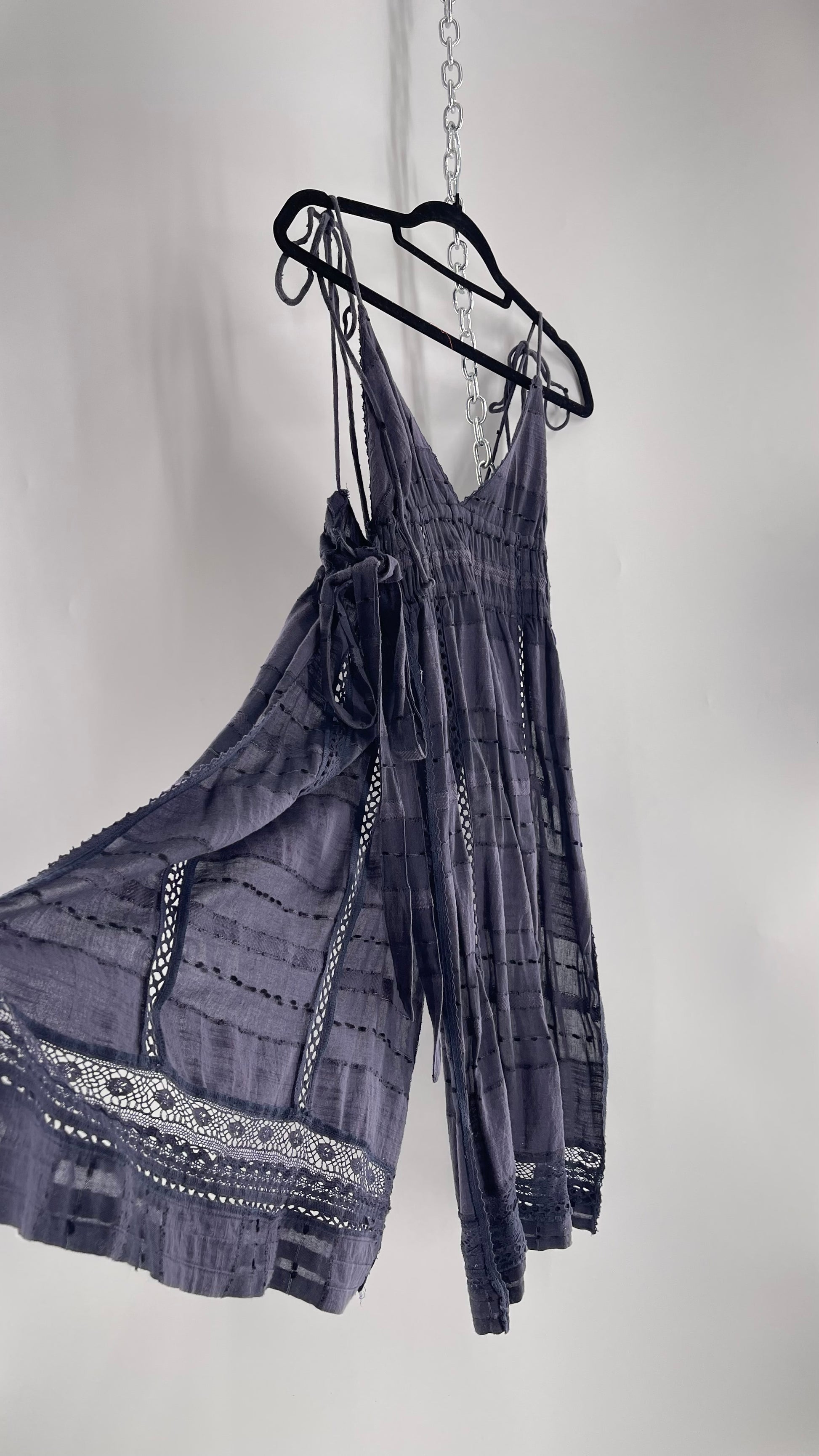 Free People Navy Blue Cotton Lace and Embroidered Open Tie Side Dress (M) Free People Navy Blue Cotton Lace and Embroidered Open Tie Side Dress (M)
