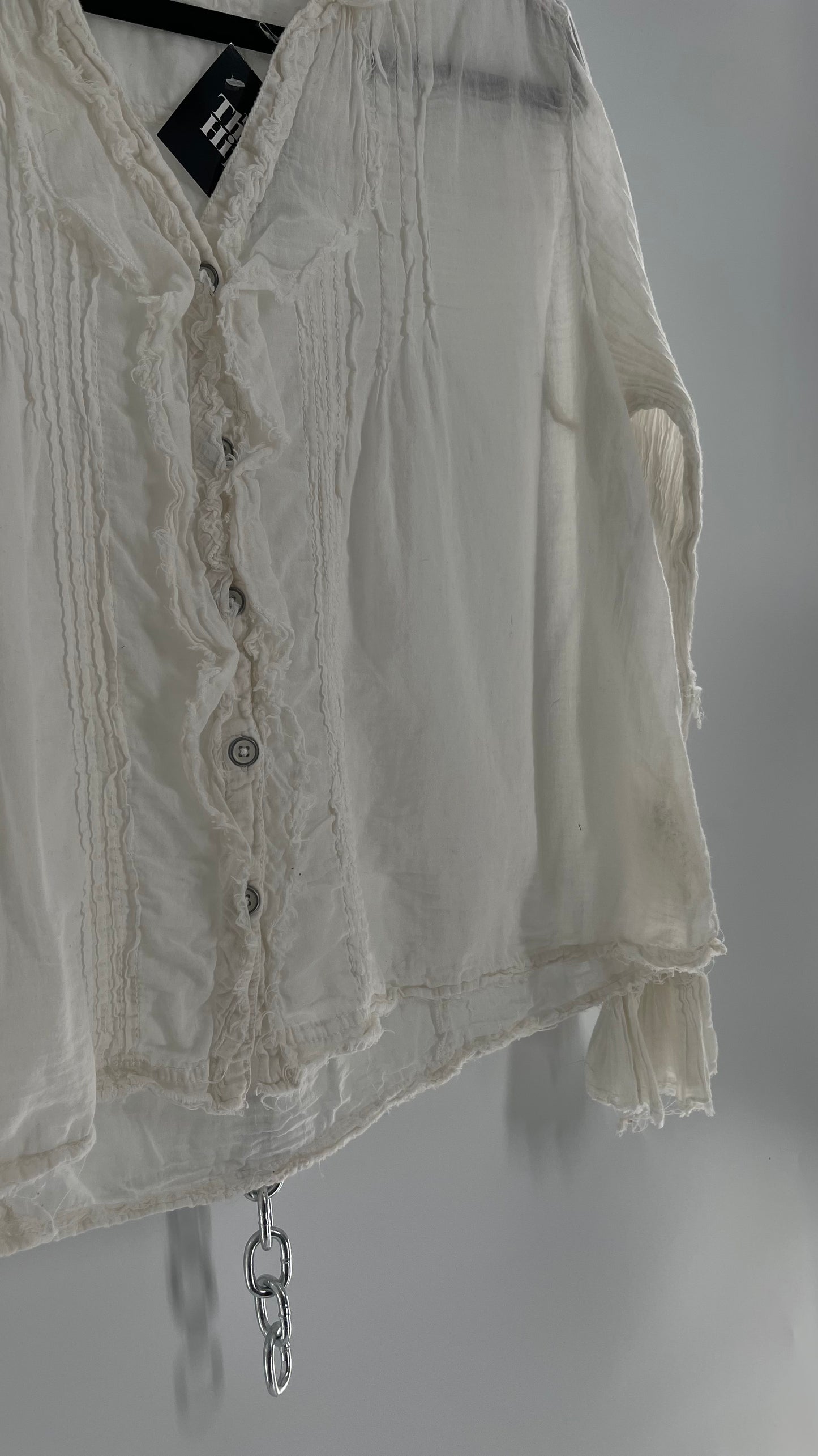 Free People White Cotton Ruffle Button Up with Crimped Sleeves (Small)