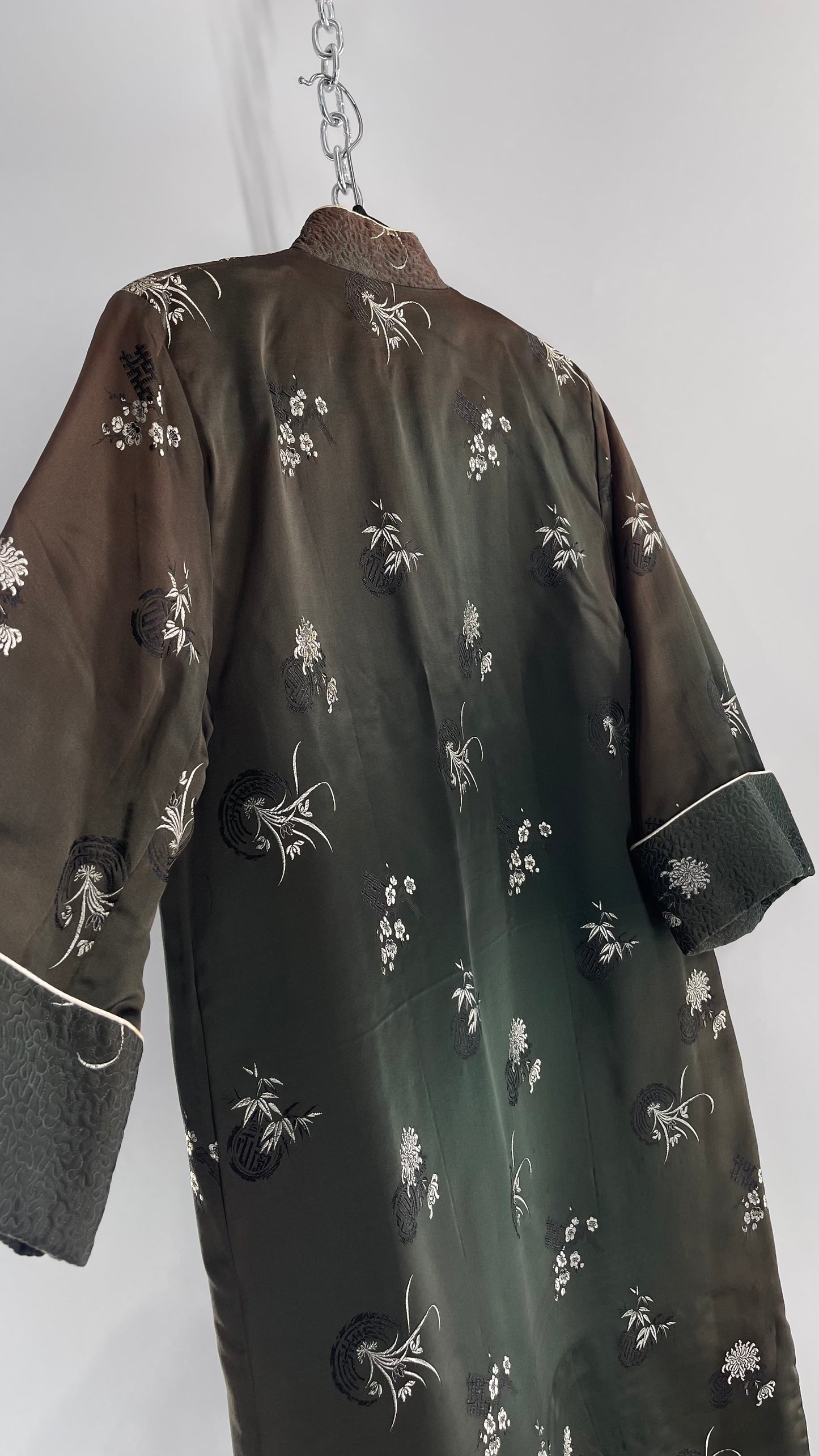 Vintage Hong Kong, Hand Made, Dark Green Silk Kimono Coat/Smoking Jacket (38)