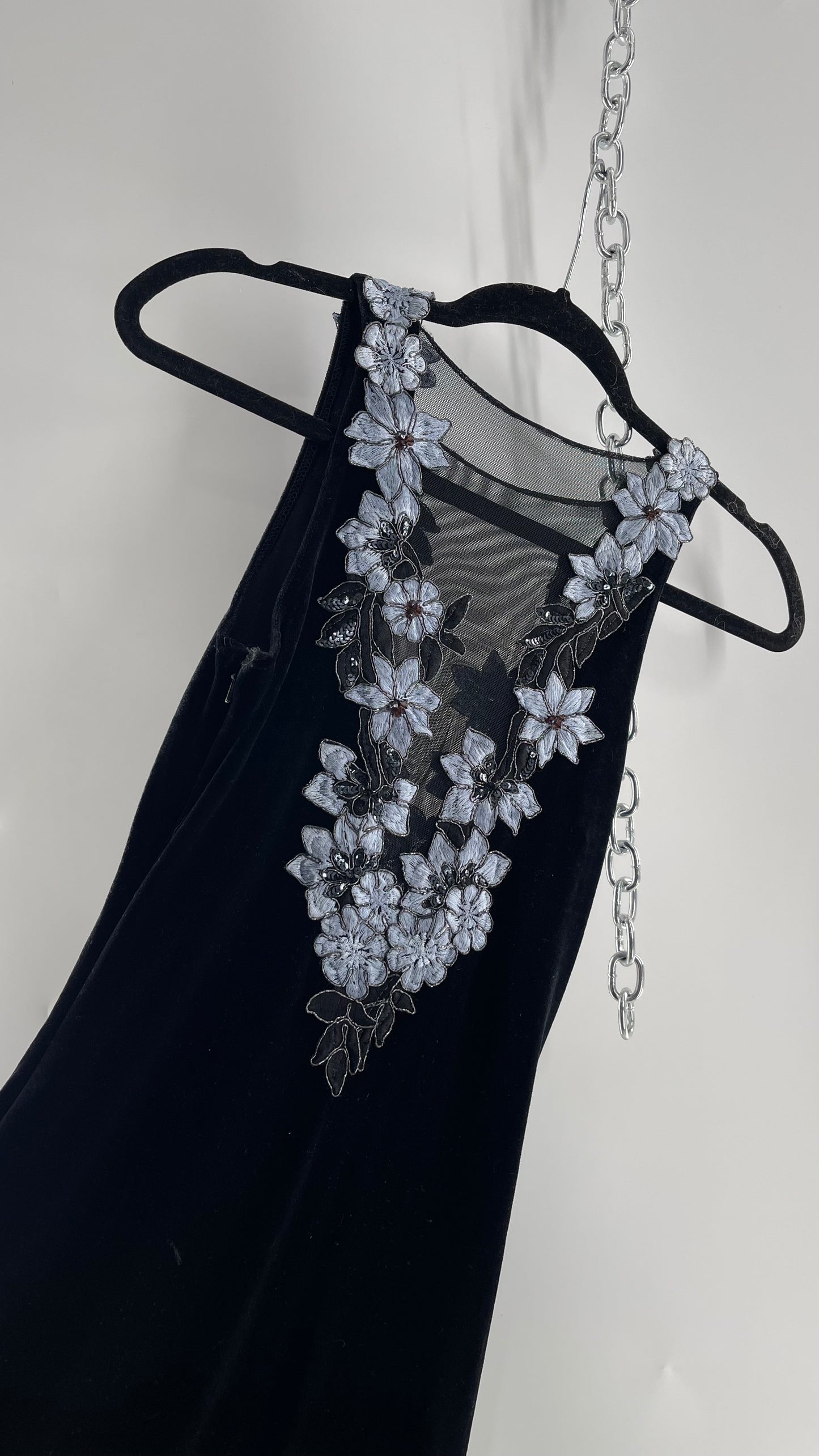 Vintage Jessica McClintock Black Velvet Fit And Flare Gown with Plunging Neckline Covered in Embroidered Beaded Pale Blue Flowers (2)