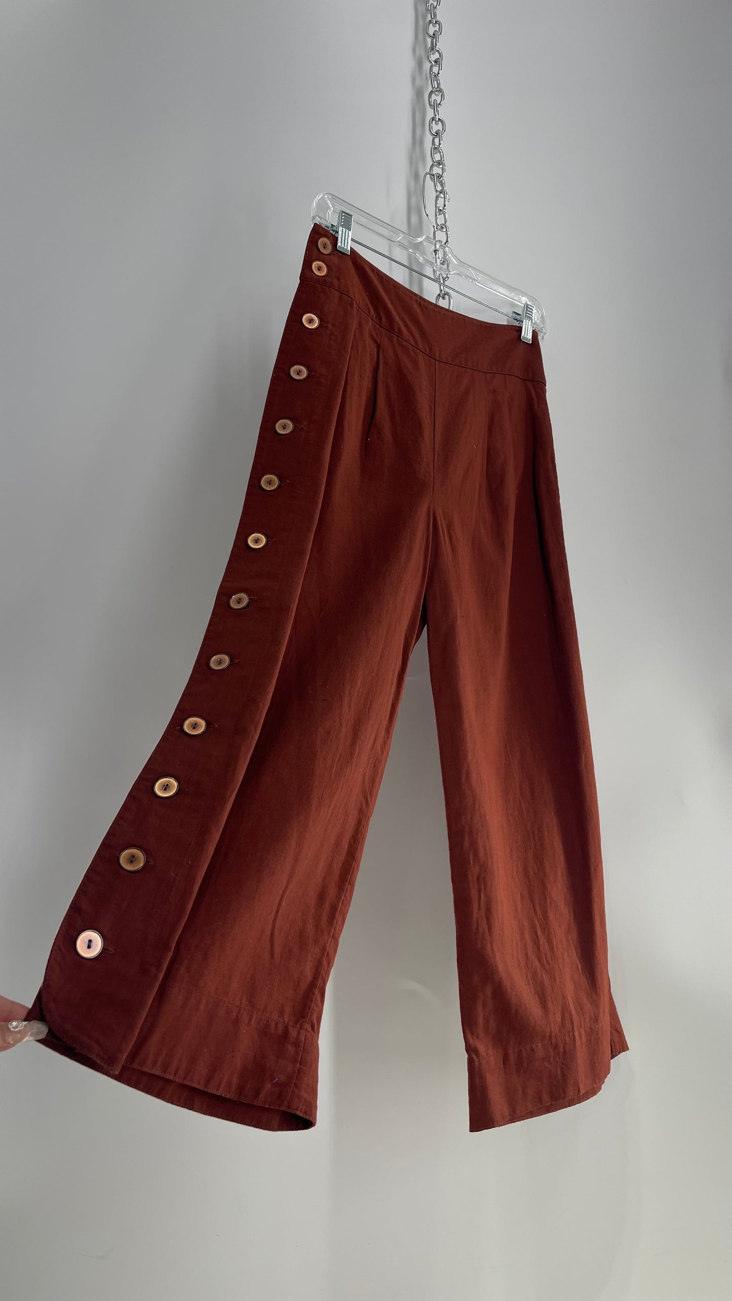 Anthropologie Brown Cotton Wide Leg Pants with Bronze Button Detailing (0)